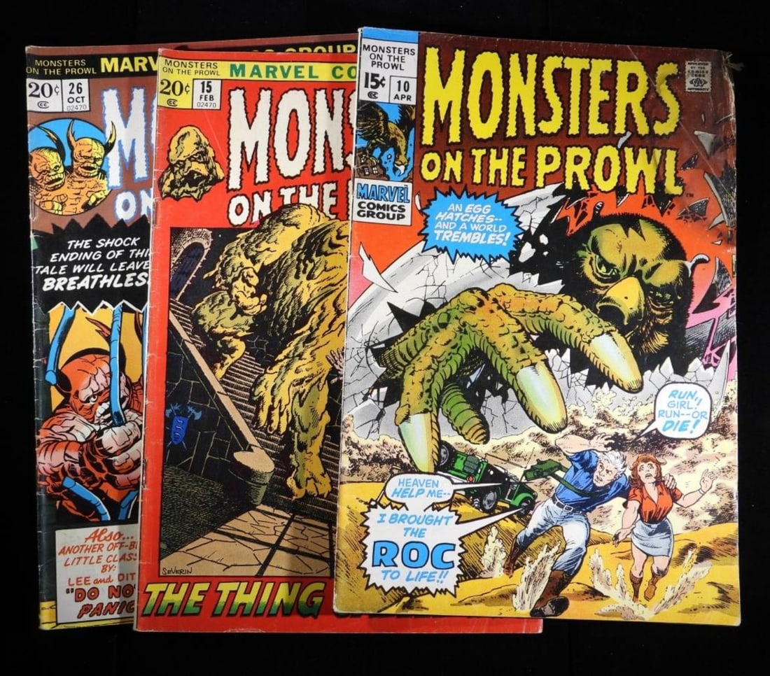Marvel Monsters On The Prowl #10,#15,#26: 1971-1973. 15 and 20 cent issues. They are in G/VG condition with creases and water damage (#10) along the comics