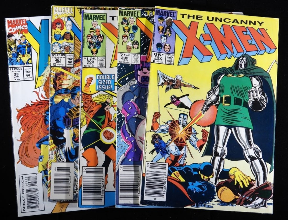 (5) X-Men Marvel Mixed Lot G/VG: The Uncanny X-Men: #197(1985), #202(1986), #28(1993), #200(1985), 301(1993). X-Men #228(1993). In various conditions with creases, water moisture on #202. Along with normal wears from the years
