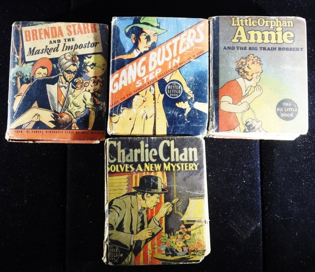 (4) The Better Little Book F-VG: 1) Brenda Starr And The Masked Impostor. 2) Little Orphan Annie and the Big Train Robbery(there are loose pages). 3) Gang Busters Step In. 4) Charlie Chan Solves A New Mystery (The spine is ripped)