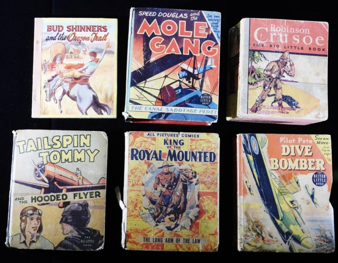 (6) Small Hardback Children's Books F-VG: 1) Bud Shinners and the Oregon Trail. 2) Robinson Crusoe (Missing the back cover.) 3) King of the Royal Mounted ( cover is torn along the spine) 4) Pilot Pete Dive Bomber. 5) Tailspin Tommy and the Ho