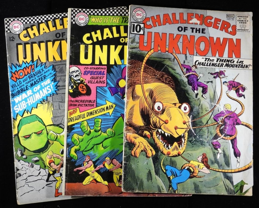 (3) Challengers Of The Unknown G-VG: Numbers: 22 (There is a small rip on the bottom corner and there is a bit of the cover missing.) , 53, & 54