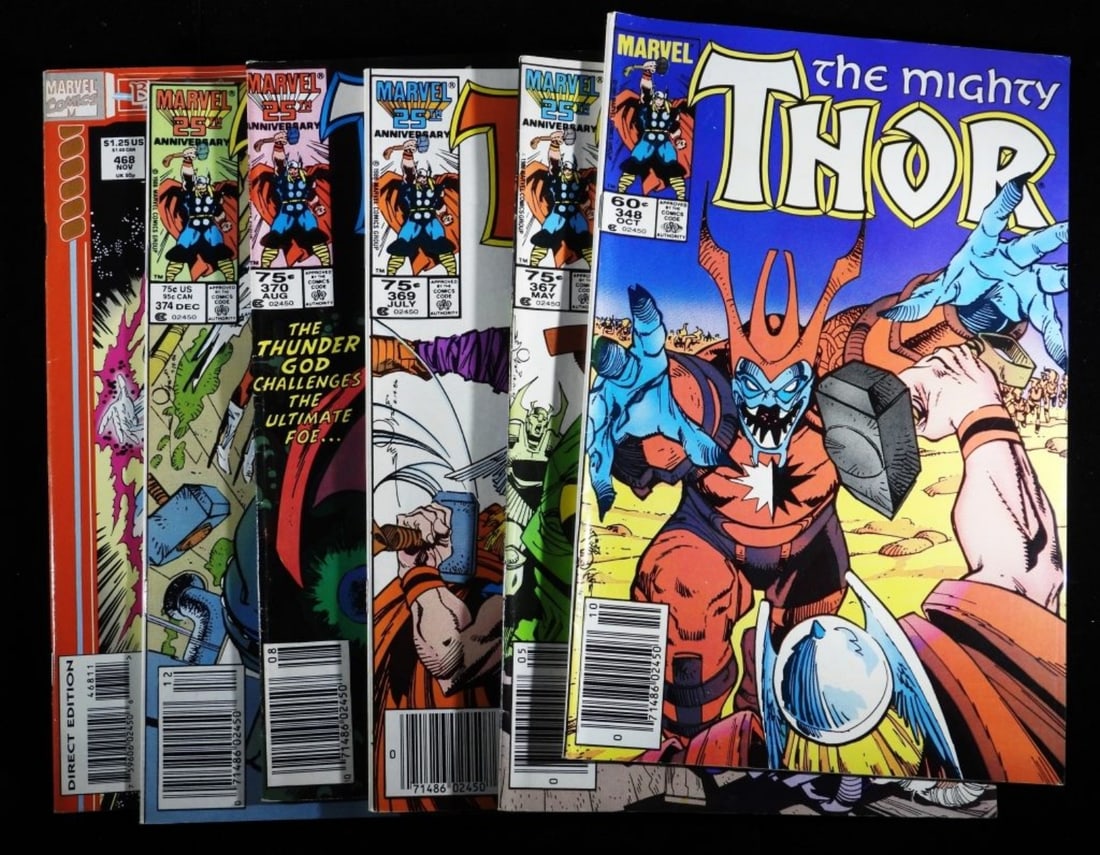 (6) Marvel The Mighty Thor Mixed Lot G/VG: 60-75 cent issues. G/VG with creases and spine roll. #348, # 367, #369, #370, #374, #468. 1984, 1986, 1993