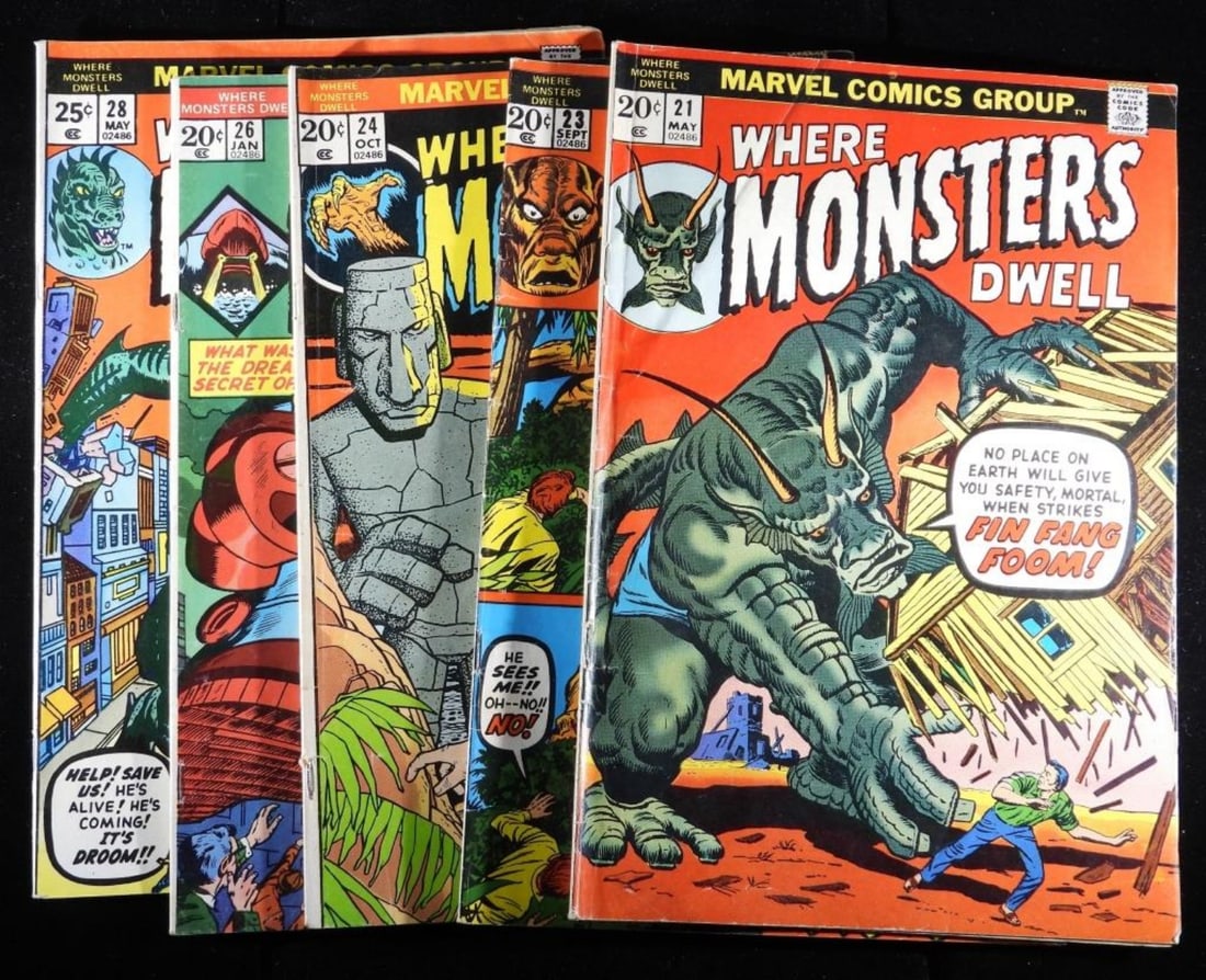 (5) Where Monsters Dwell #21-24, #26-28 G/VG: G/VG condition with creases, wear on the spine, and little crinkles along the edges. #26 has a burn mark on the top right corner. Issue #21,23,24,26,28