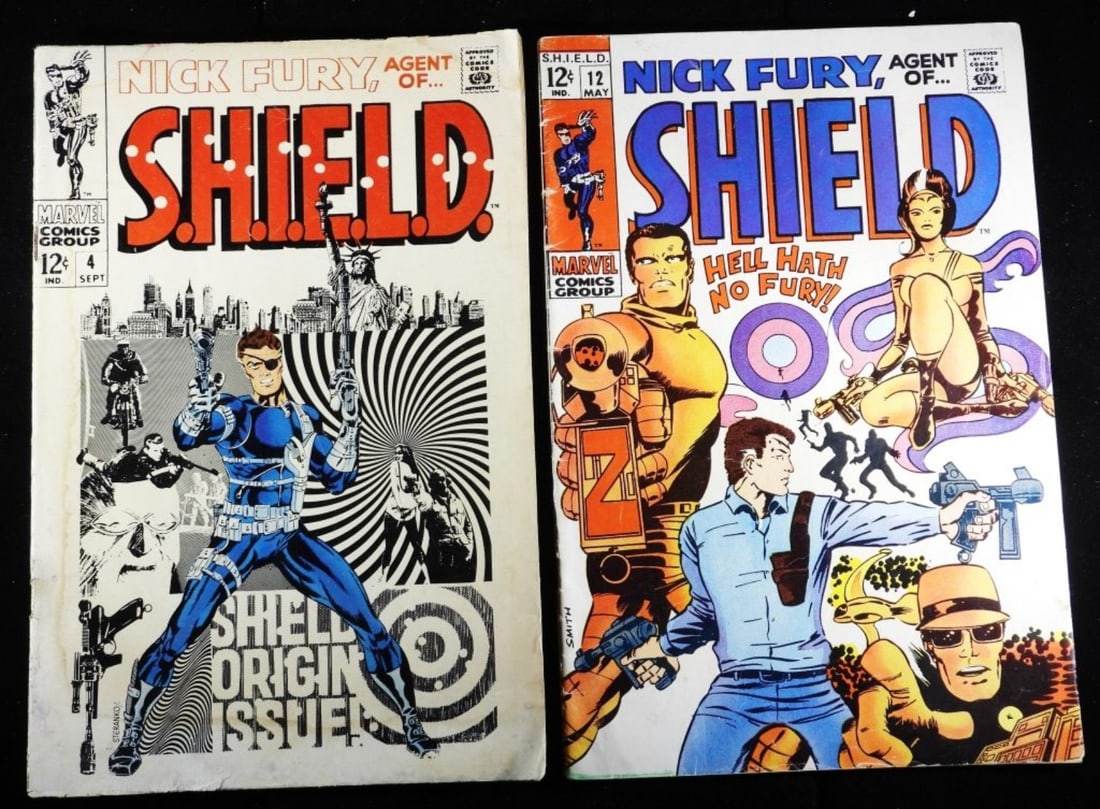 (2) Nick Fury, Agent Ofâ€¦ S.H.I.E.L.D #4 & #12: #4 1968 F/G condition with water marks along the comic. #12 1969 in G/VG condition creases and wear on the spine.