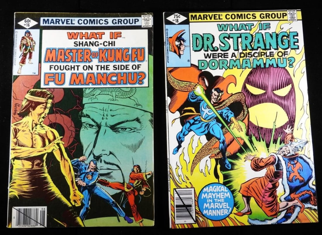 (2)1979 #16,#18 Marvel What If... G/VG: #16 1979 What If Shang-Chi, Master of Kung Fu, Fought On The Side Of Fu Manchu? In G/VG condition with normal wear from the years, creases, and color-fading. 60-cent issue. #18 1979 What If Dr. Strang