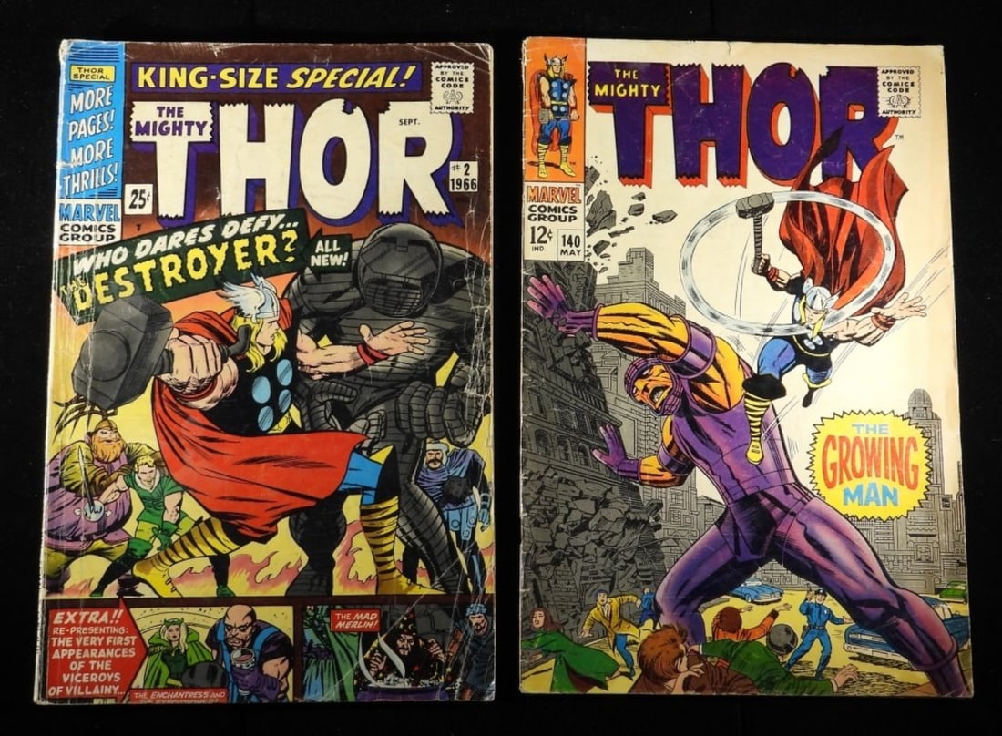(2) The Mighty Thor #2, #140 Marvel G: #2 1966 25-cent in G condition with creases, lots of wear on the spine. #140 1967 in G condition with creases, color fading and wear from the years