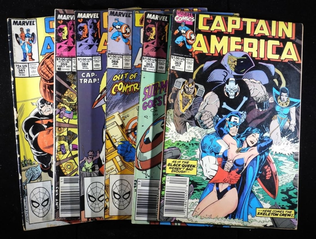 (6) Mixed Lot Of Captain America: #341 Has damage to the spine, and 364, Blood Stone Part 3 Of 6 #359, and Acts Of Vengeance #365 and 366, and #369