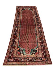 Persian mir 3604 style rug wool pile vintage hand: Magnificent Wool Persian Hand knotted mir 3604 style hand Knotted in Iran rug. Size 3'5"x8'8" Period aproximately 1960's, very good condition (see photos) .