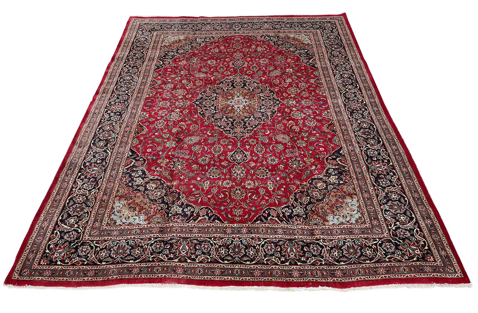 Persian Isfahan 485 rug wool pile vintage hand knotted in Iran: Magnificent Wool Persian vintage Hand knotted Isfahan 485 hand Knotted in Iran rug. Size 9'9"X12'8" beautiful rich stunning colors due to neutral dyes used in Iran for high quality rugs such as this .