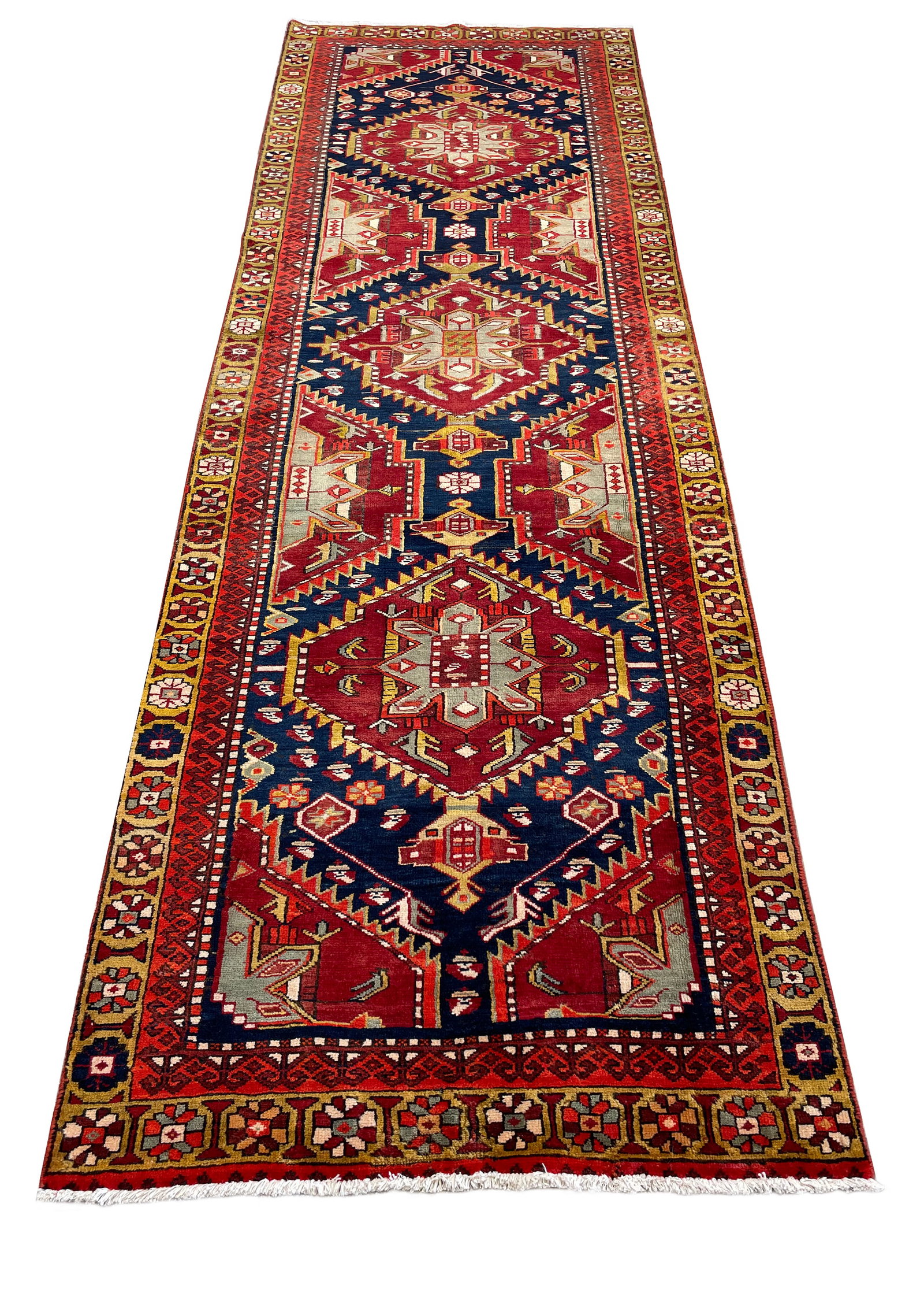 Persian palace quality very fine weave antique Heriz 2139 rug wool pile hand knotted in Iran: Antique Persian palace quality very fine weave .Heriz 2139 rug wool pile hand knotted in Iran 1920's Size 3'5"x11'3" very good condition unusual size with beautiful rich colors . Rare size and great c