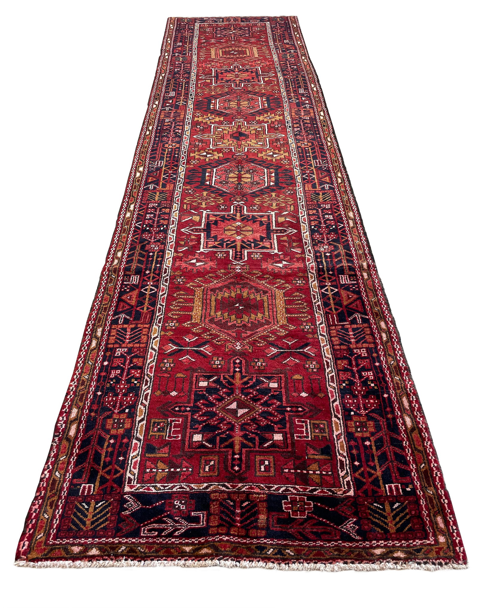 Persian palace quality very fine weave antique Heriz 5762 rug wool pile hand knotted in Iran: Antique Persian palace quality very fine weave .Heriz 5762 rug wool pile hand knotted in Iran 1920's Size 3'8"x14'2" very good condition unusual size with beautiful rich colors . Rare size and great c