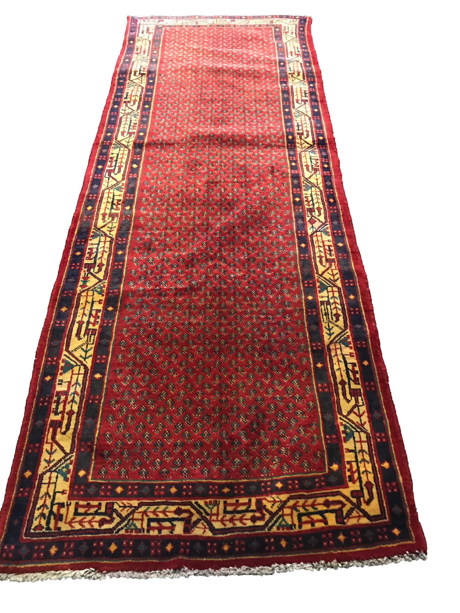 Magnificent Wool Persian Hand knothed Mir 73 hand Knotted in Iran rug.: No Reserve Magnificent Wool Persian Hand knotted Mir 73 hand Knotted in Iran rug. Size 3'7"x10'3" Period approximately 1960's, very good condition (see photos)