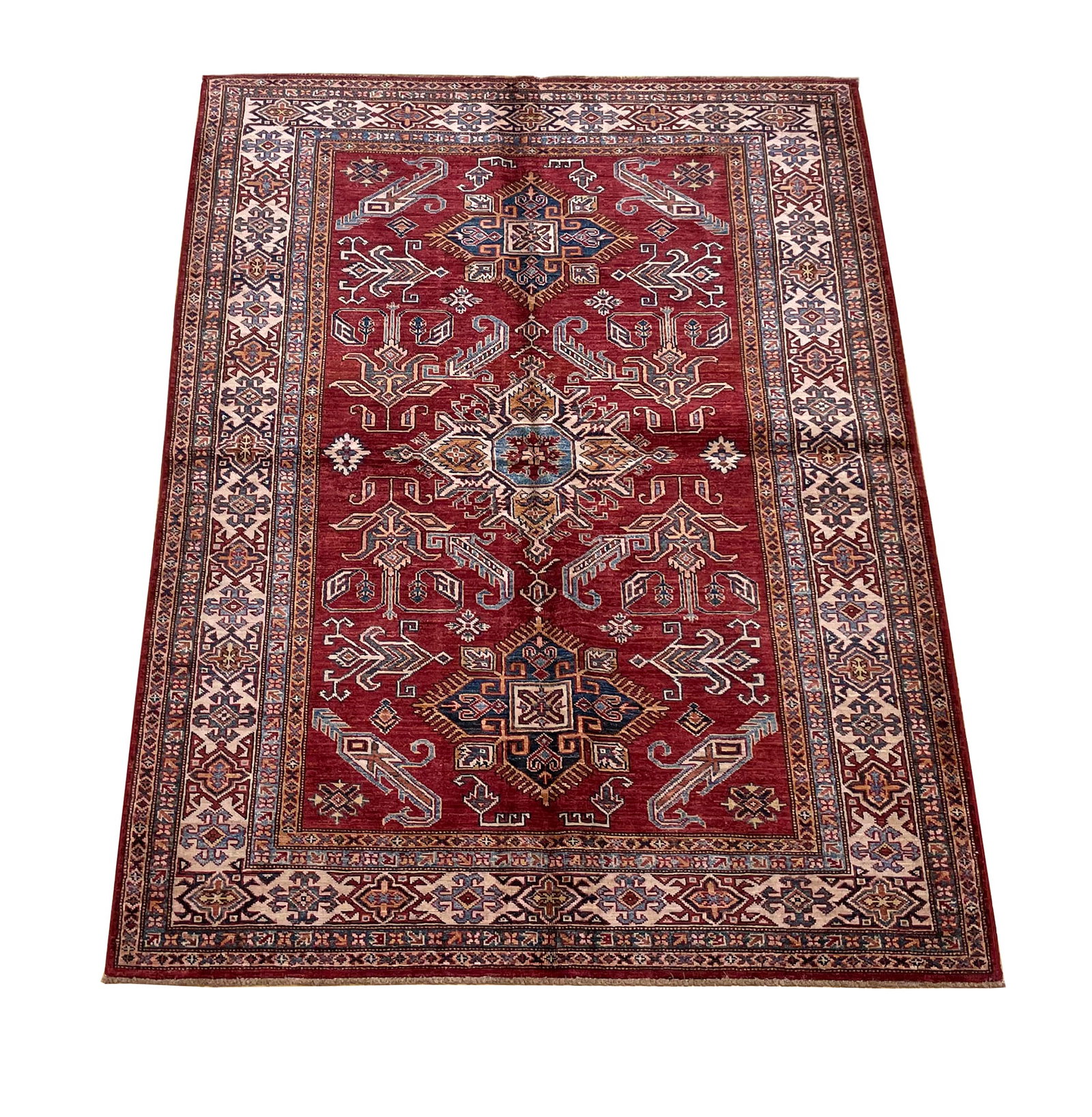 Persian palace quality very fine weave kazak d176 hand knotted: No Reserve kazak very fine unusual weave d176 Palace quality this rug is very in weave the natural dyes used create an amazing colors to add to your room make this rug versatile to work with any style