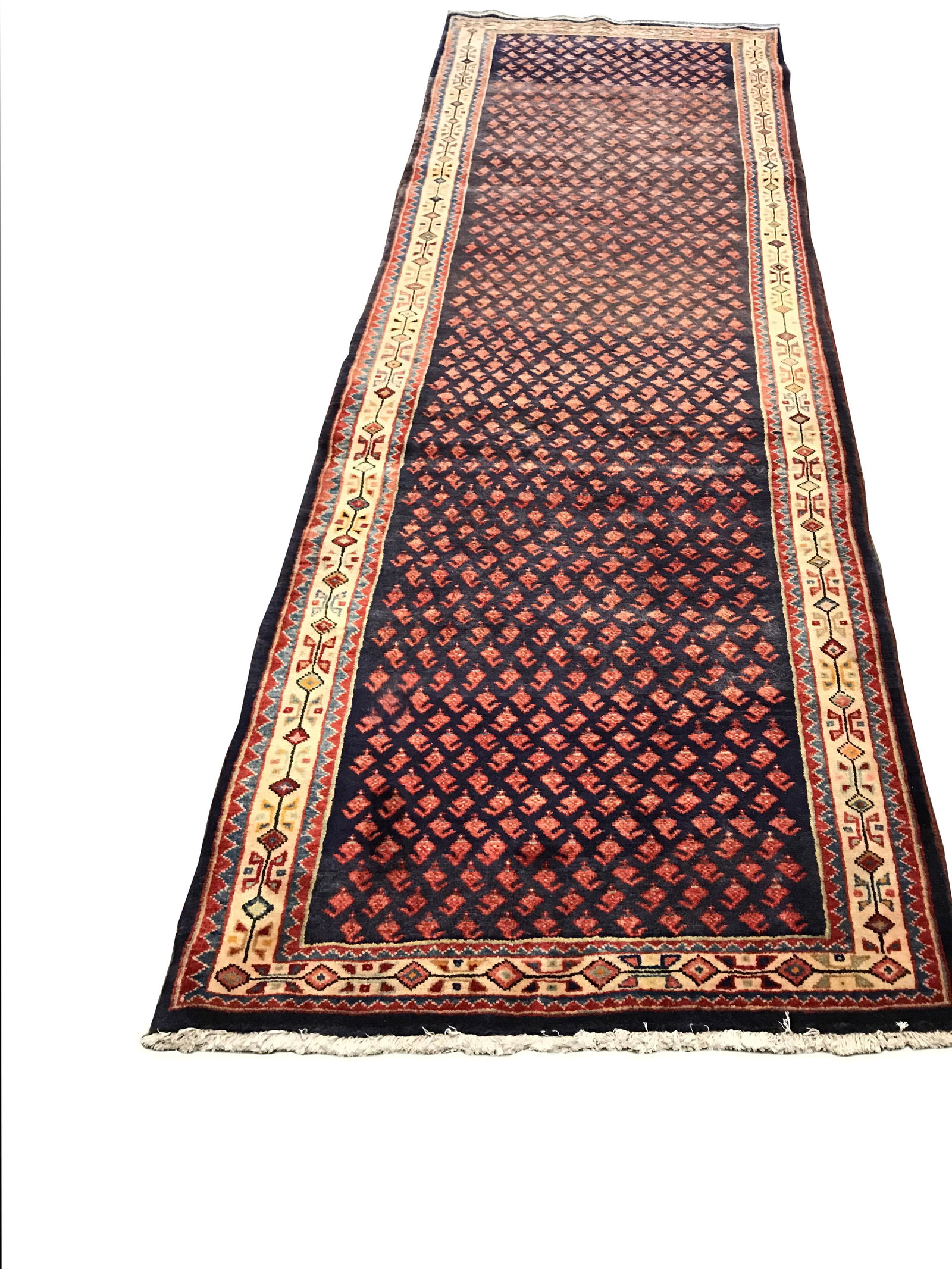 Persian Mir 996 vintage 3'5" x 10' hand-knotted in Iran: No Reserve Persian Mir 996, hand-knotted in Iran in the 1960s and in very good condition (see photos). Size 3'5" x 10'.This exquisite Mir runner is a beautiful example of traditional Persian artistry,