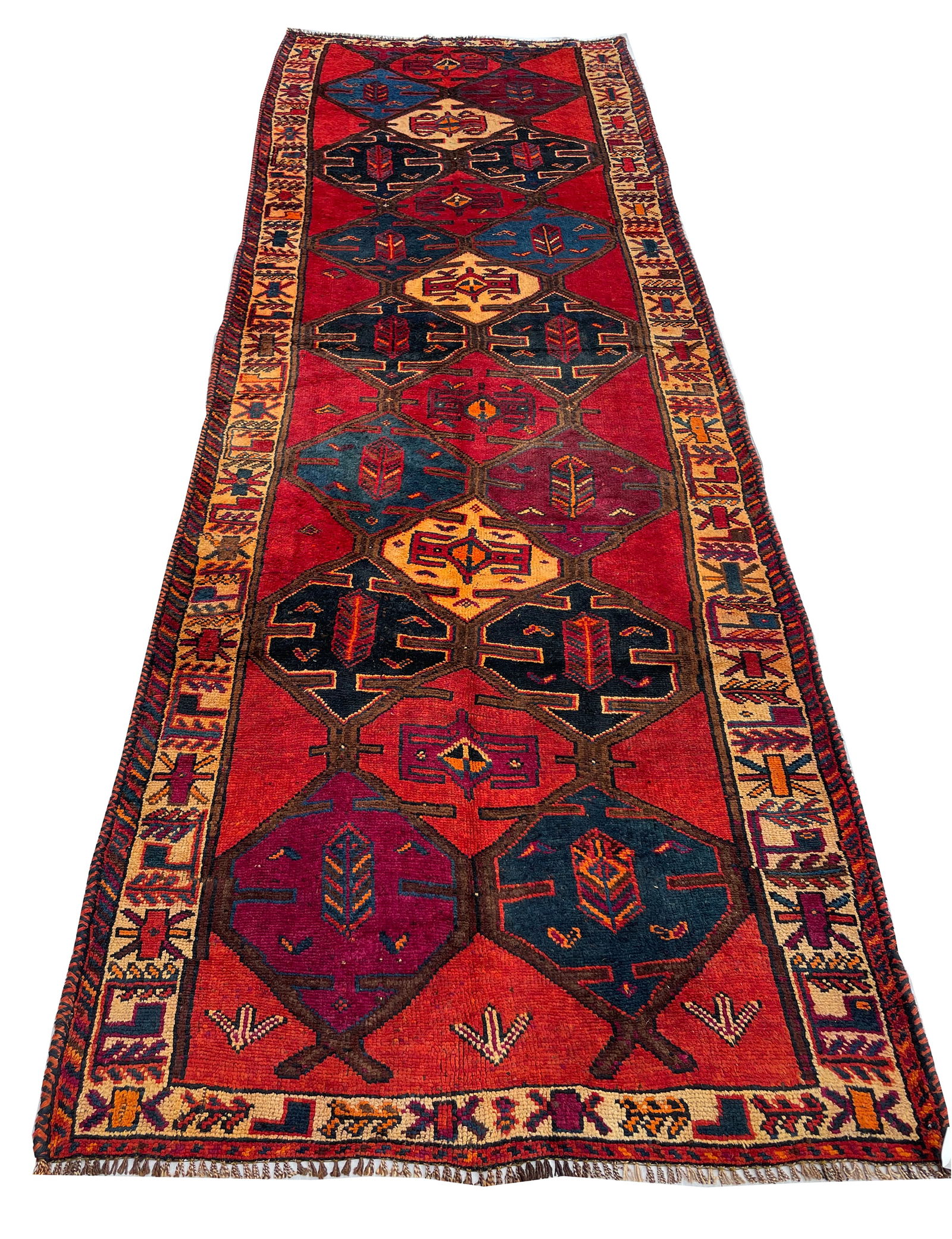 Persian Shiraz KH1080 vintage 4'2" x 12' runner hand-knotted in Iran: No Reserve Persian Shiraz KH1080, 4'2"X 12', hand-knotted runner made in Iran in the 1960s and in very good condition (see photos).This vibrant Shiraz runner is a beautiful example of authentic tribal