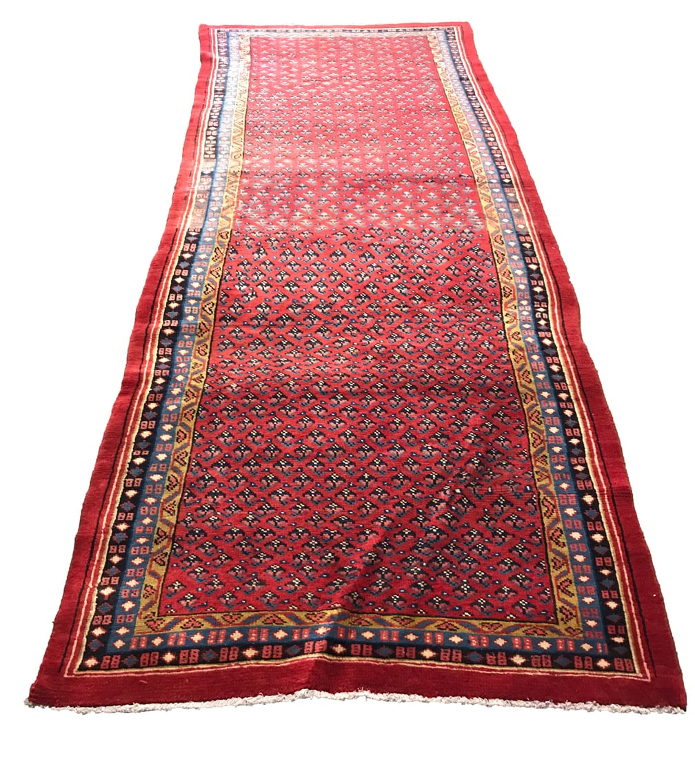 Persian Mir 1243 Vintage 4'3" x 11'6" Rug hand-knotted in Iran: No Reserve Persian Mir 1243, 4'3" x 11'6", hand-knotted in Iran in the 1960s and in very good condition (see photos). This exquisite Mir rug is a beautiful example of traditional Persian artistry, cel