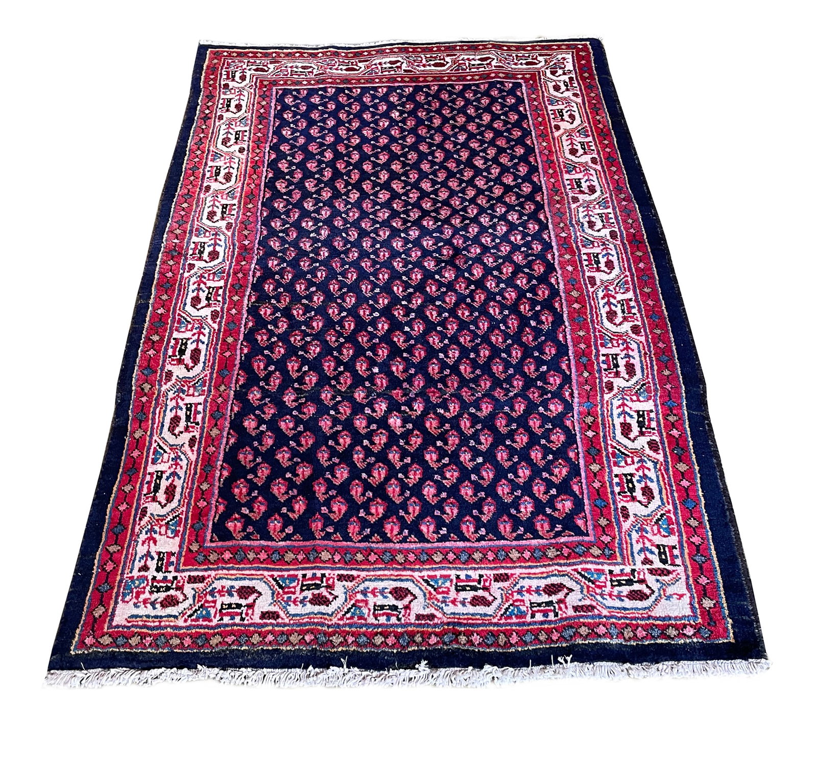 Persian Mir 877 Vintage Wool Rug 3'9" x 5'9" hand-knotted in Iran: No Reserve Persian Mir 877, vintage wool rug, 3'9" x 5'9" hand-knotted in Iran in the 1960s and in very good condition (see photos).This elegant Mir runner exemplifies the refined beauty and balance c