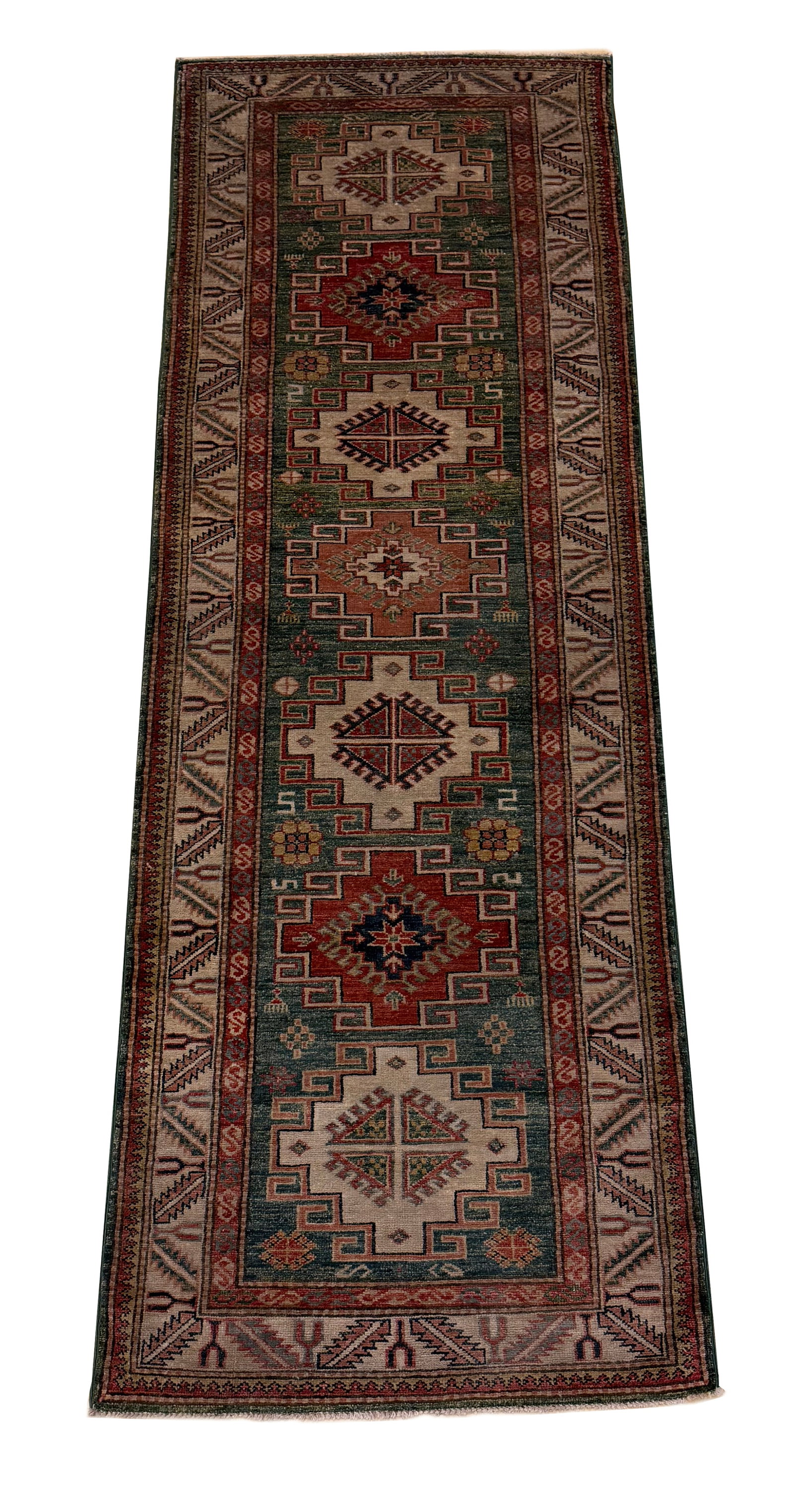 Persian Kazak Wool Runner S817 2'8" x 8'1" hand-knotted: No Reserve Kazak S817, 2'8" x 8'1" wool runner in pristine condition, natural dyes, retail value $1,500 to $2,000. This runner features a classic Kazak design, admired for its bold geometric motifs, s