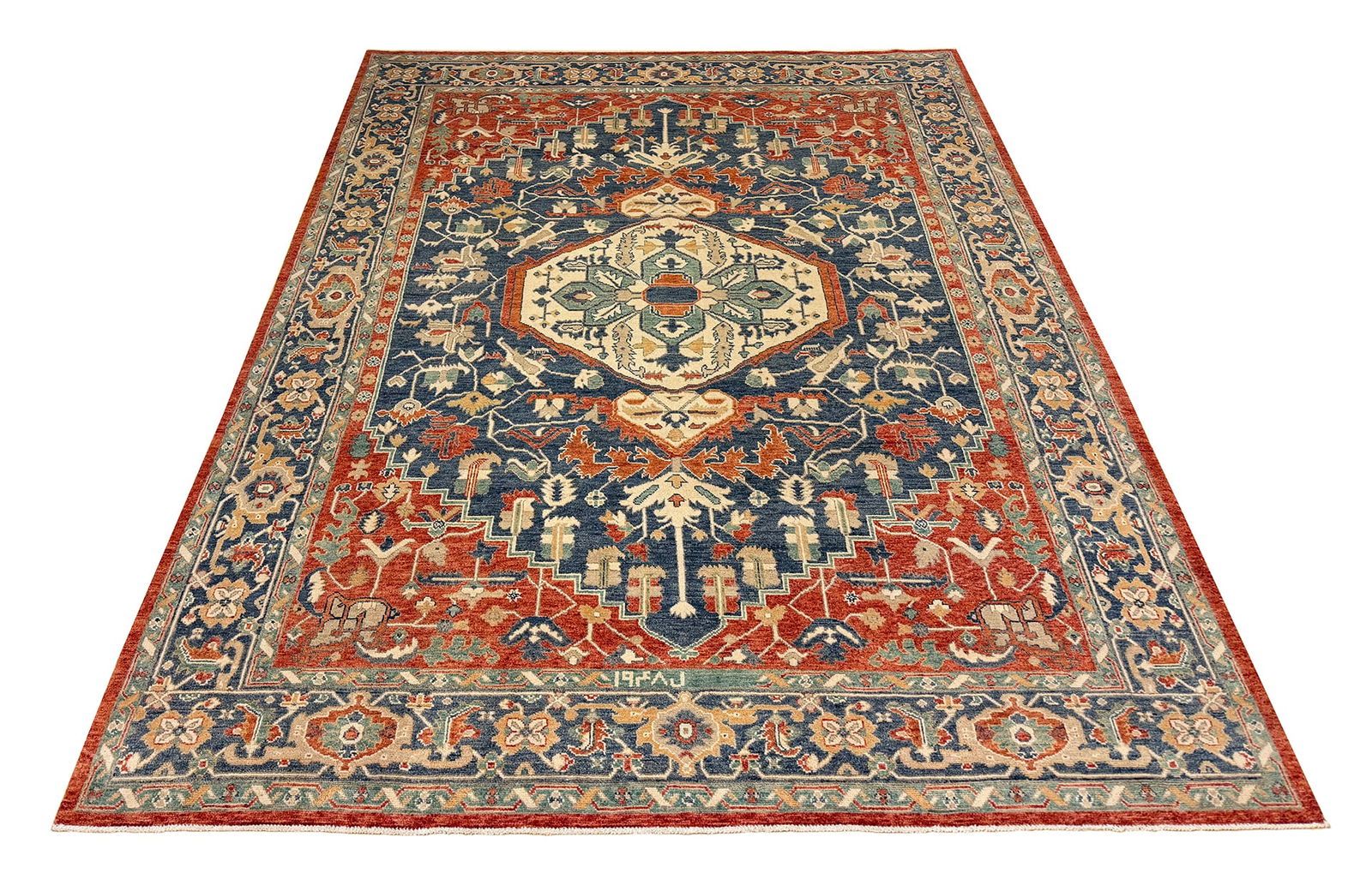 Persian Serapi D194 8' x 10'1" hand knotted: No Reserve Serapi D194. This rug is a traditional Persian Serapi style design, hand-knotted with natural dyes and is 8' x 10'1". Celebrated for its bold geometric patterns and rich color palette, this