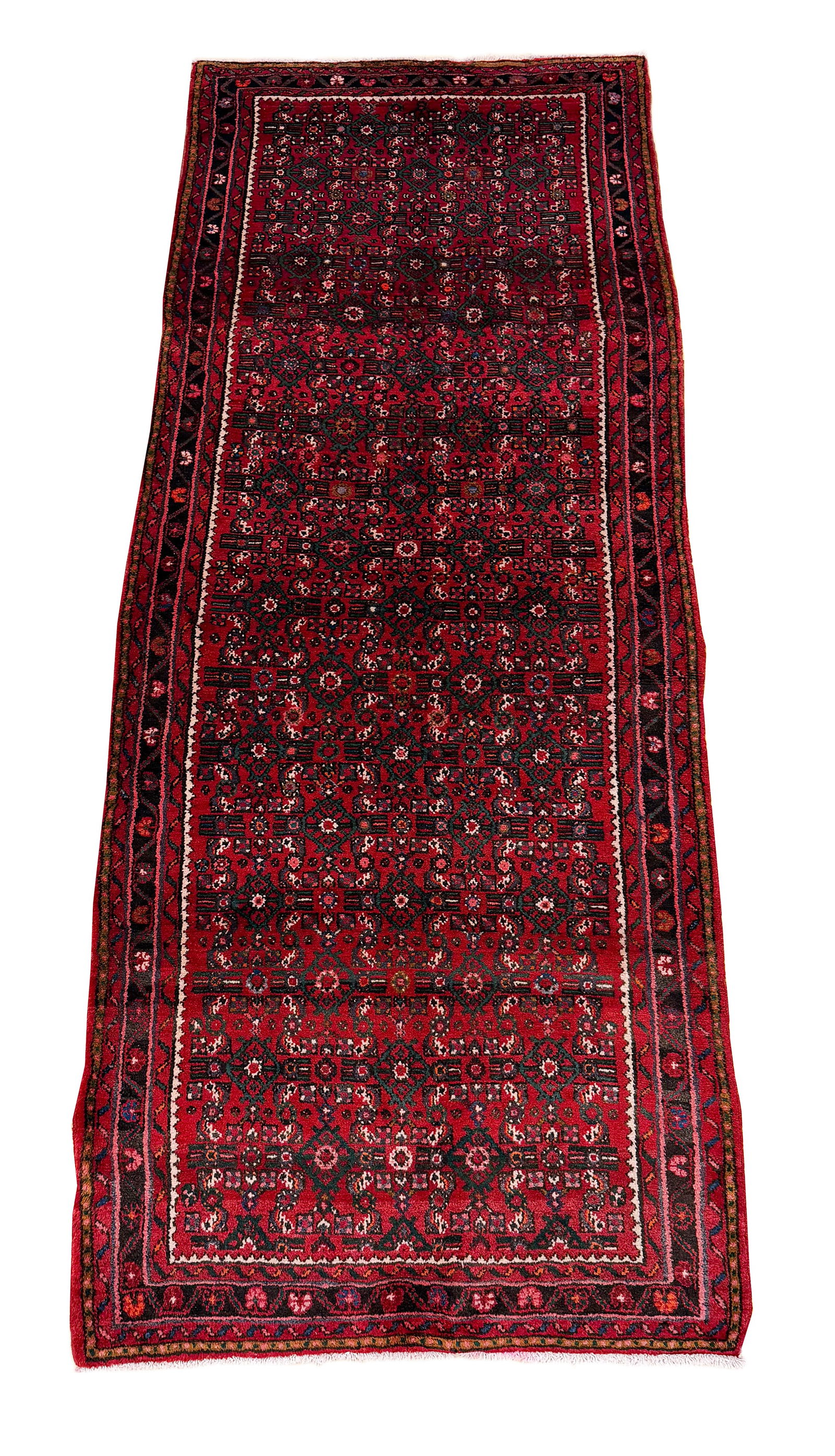 Persian Mir S797 3'10" x 9'9" Vintage Wool hand-knotted in Iran: No Reserve Persian Mir S797, hand-knotted in Iran in the 1960s, 3'10"x 9'9" and in very good condition (see photos).This exquisite Mir runner is a beautiful example of traditional Persian artistry, ce