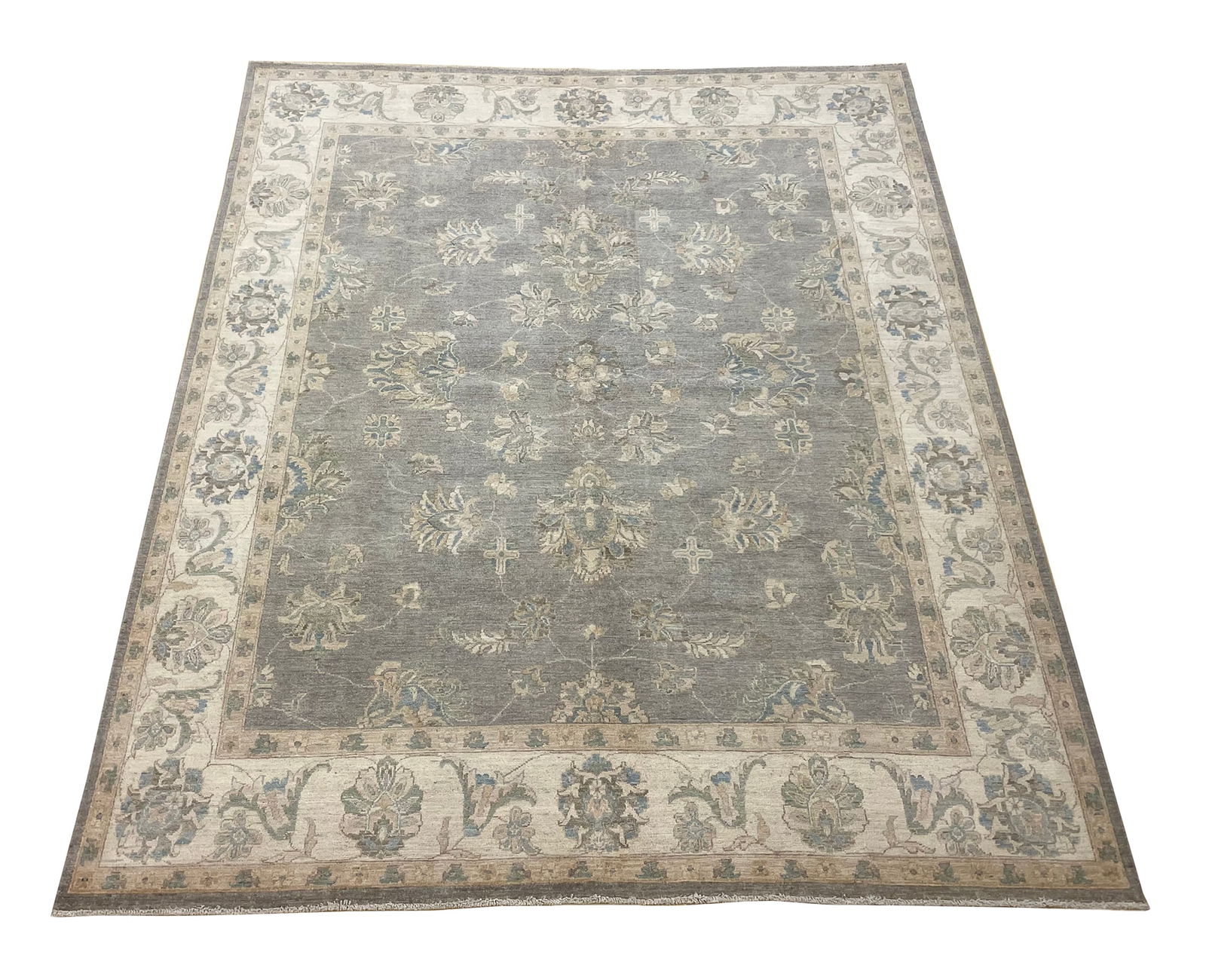 Persian Peshawer D164 8'x9'10" hand knotted: No Reserve Peshawer D164 8'x9'10"This rug showcases a refined Peshawar design, renowned for its soft color palette and elegant traditional motifs. The muted gray field features an intricate arrangemen