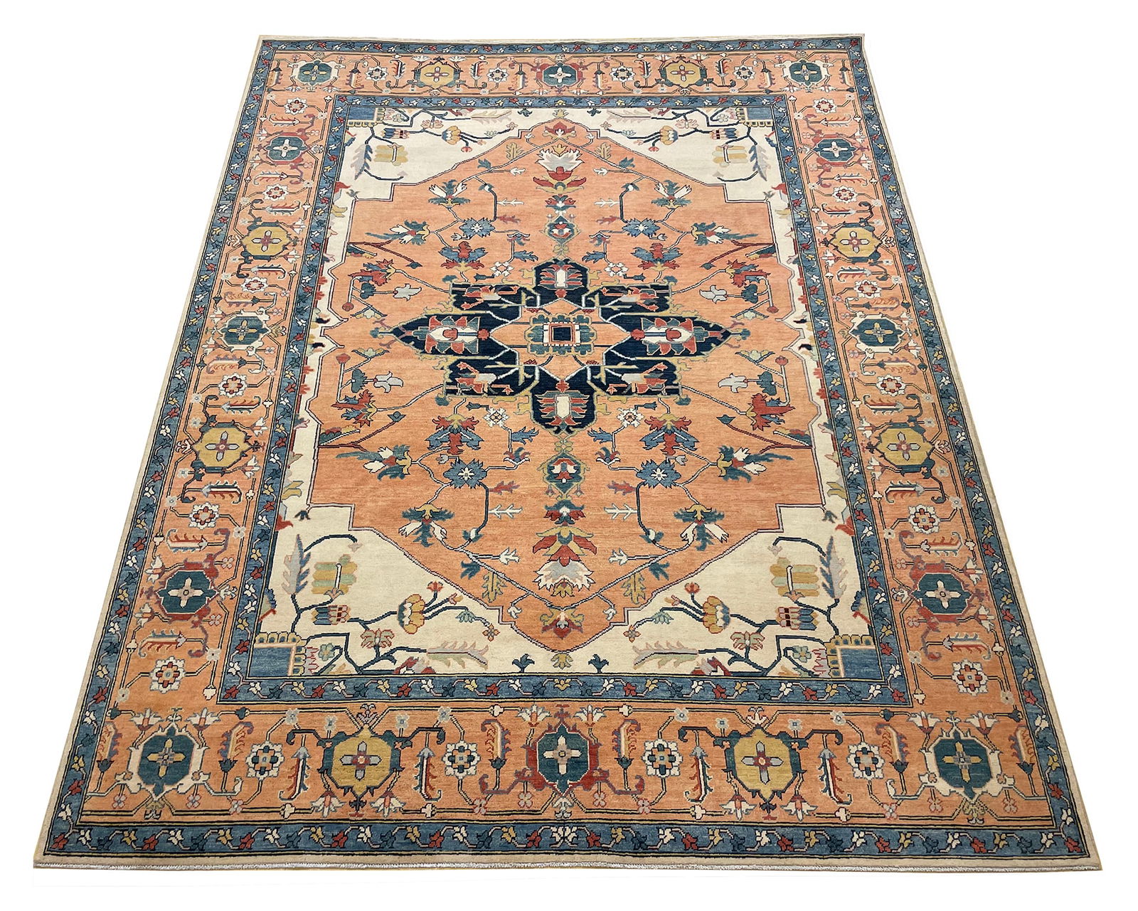 Persian Serapi D160 9'x11'6" hand knotted: No Reserve Serapi D160 9'x11'6" This rug features a classic Serapi design, admired for its bold elegance and refined symmetry. The warm rust field showcases a beautifully balanced pattern of floral an