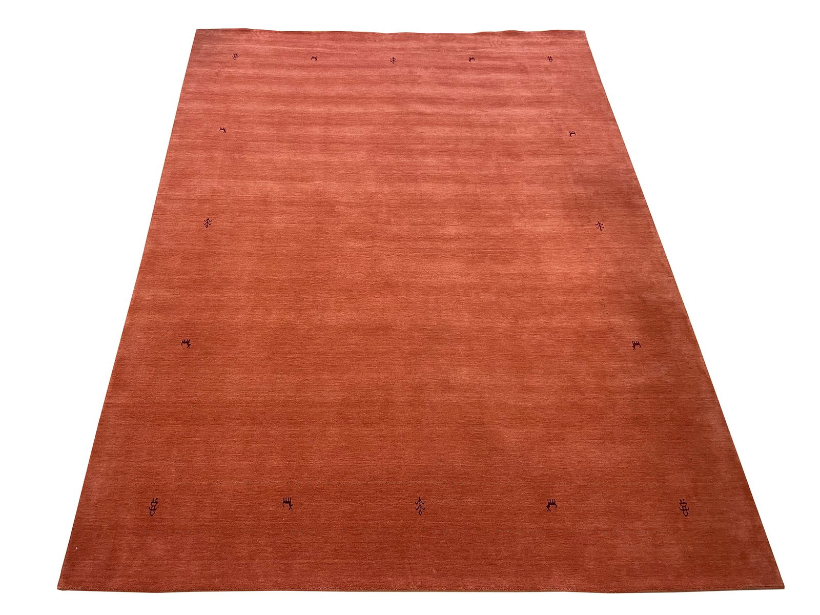 Persian Gabbeh S562 9'2" x 12' hand knotted minimalist contemporary: No Reserve Gabbeh S562 This 9'2" x 12' rug features a modern minimalist design with a warm and earthy terracotta orange field. Its simplicity is enhanced by subtle textural variations and small, discr