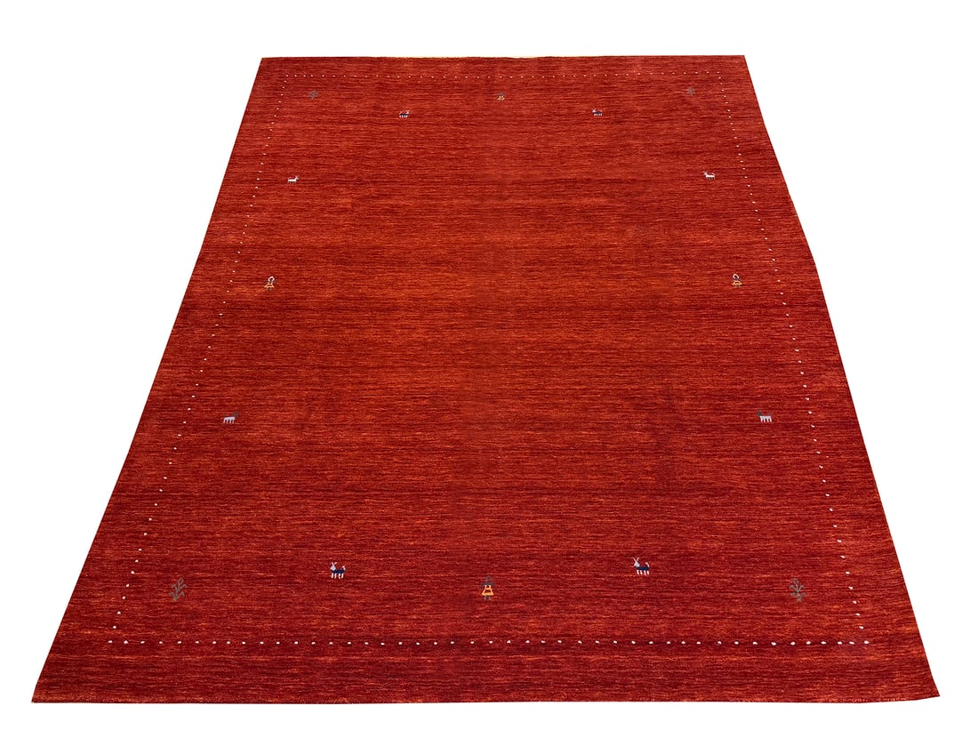 Persian Gabbeh S759 8' x 10' hand knotted: No Reserve Gabbeh S759, size 8'x10' wool hand-knotted 8' x 10' rug is in perfect condition. It features a subtle modern Gabbeh-style design, characterized by its solid, muted red field with minimal de