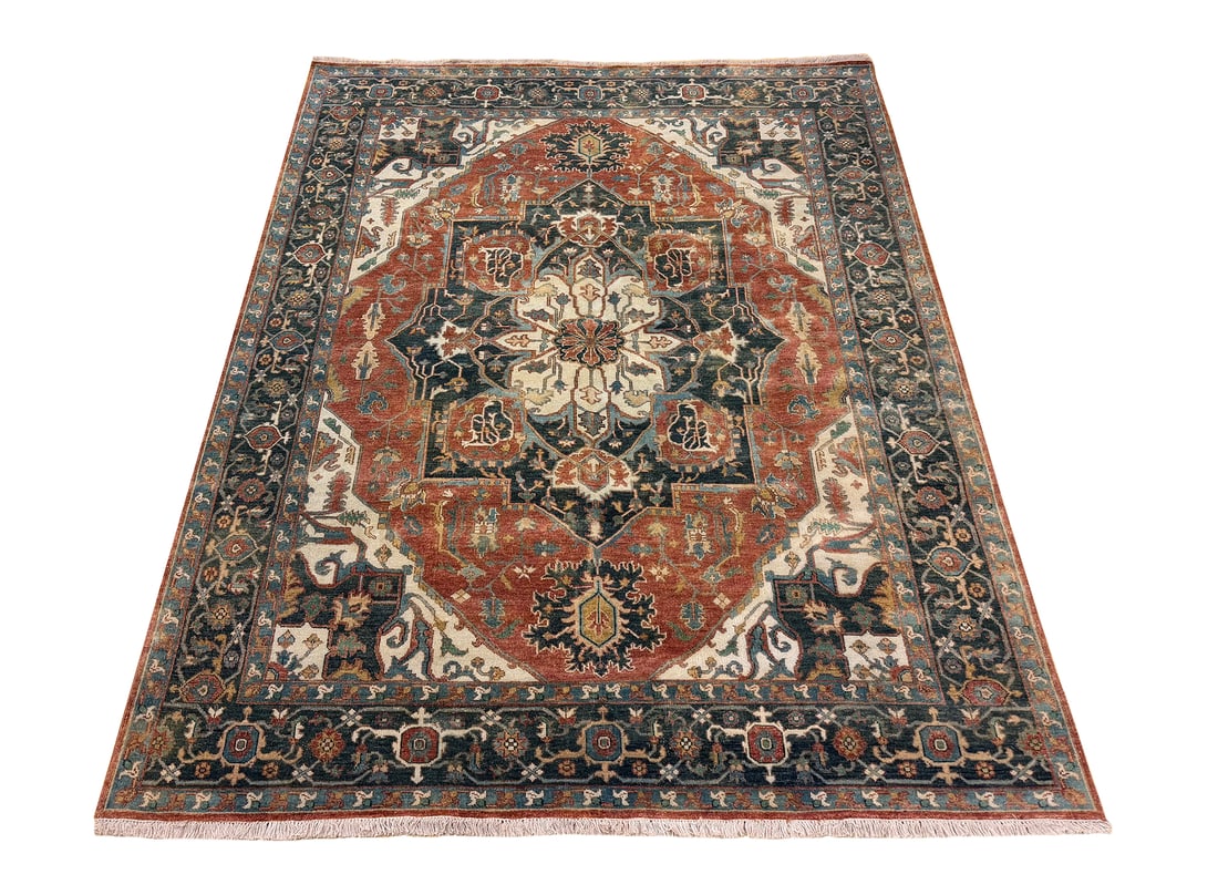 Persian Serapi D188 8'1" x 10'1" hand knotted: No Reserve Serapi D188. This rug is a traditional Persian Serapi style design, hand-knotted with natural dyes and is 8'1'" x 10'1". Celebrated for its bold geometric patterns and rich color palette, t