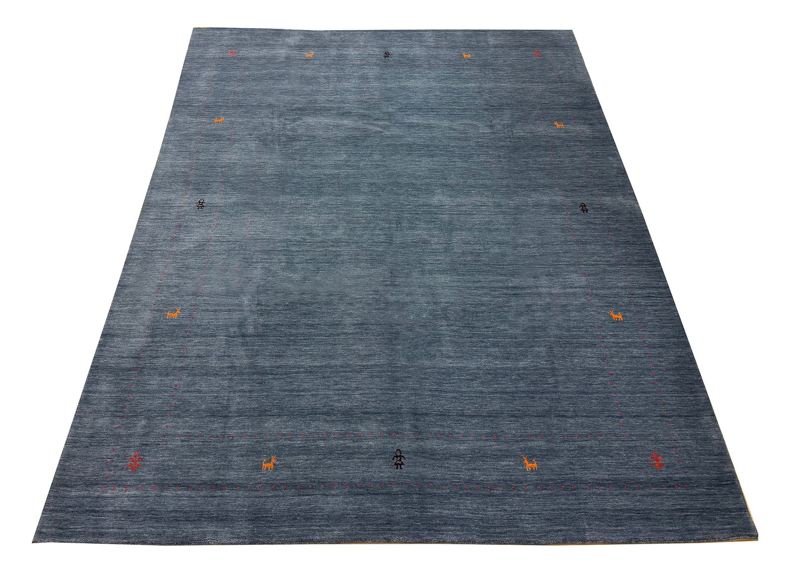 Persian Gabbeh S758 contemporary style 8' x 10' hand knotted blue-gray: DescriptionNo Reserve Gabbeh S758, size 8'x10' wool hand-knotted 8' x 10' rug is in perfect condition. It features a subtle modern Gabbeh-style design, characterized by its solid, muted blue gray fiel