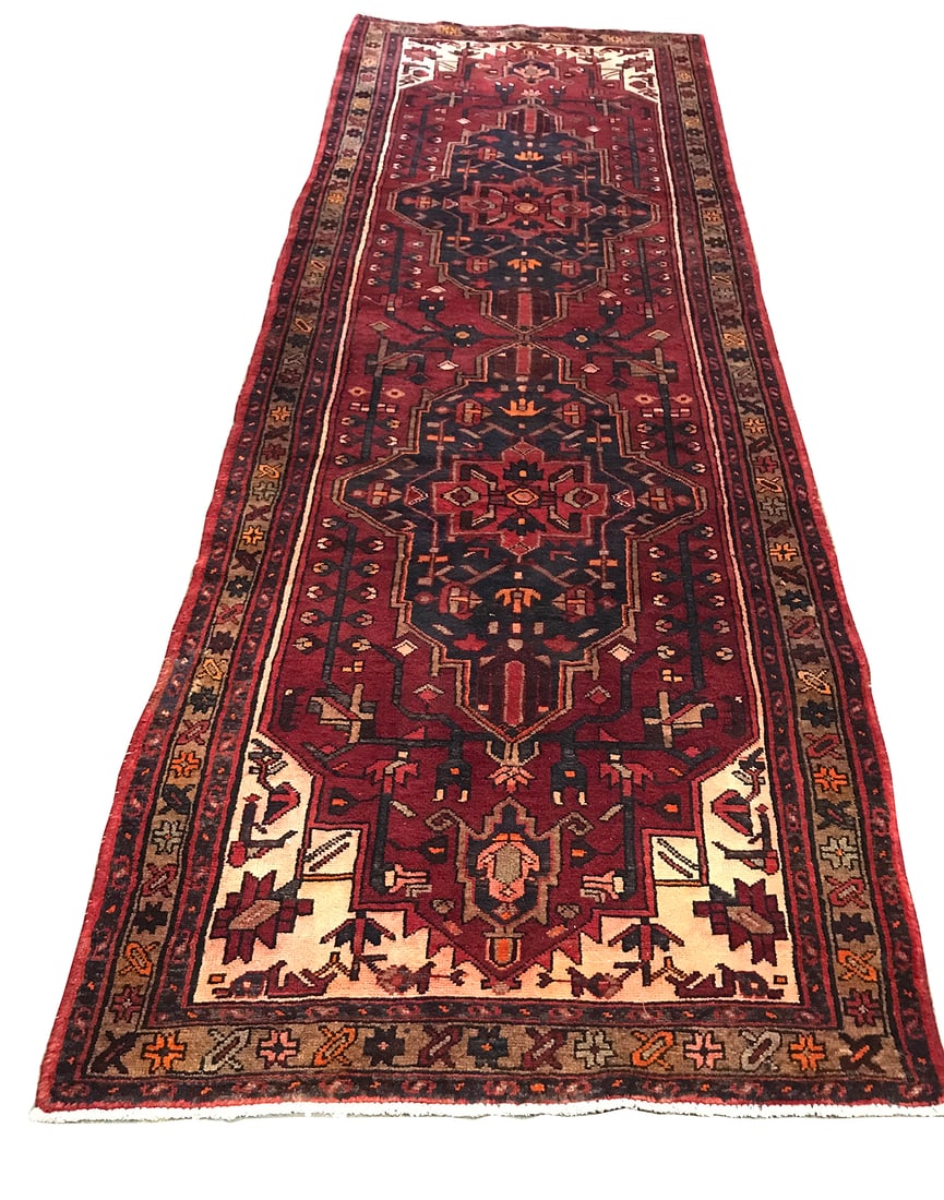 Persian Kazak 745 Vintage Wool Runner 3'6" x 10'3" hand-knotted in Iran: No Reserve Persian Kazak 745, vintage wool 3'6" x 10'3" runner hand-knotted in Iran in the 1960s and in very good condition (see photos).This rug features a classic Kazak design, celebrated for its bo