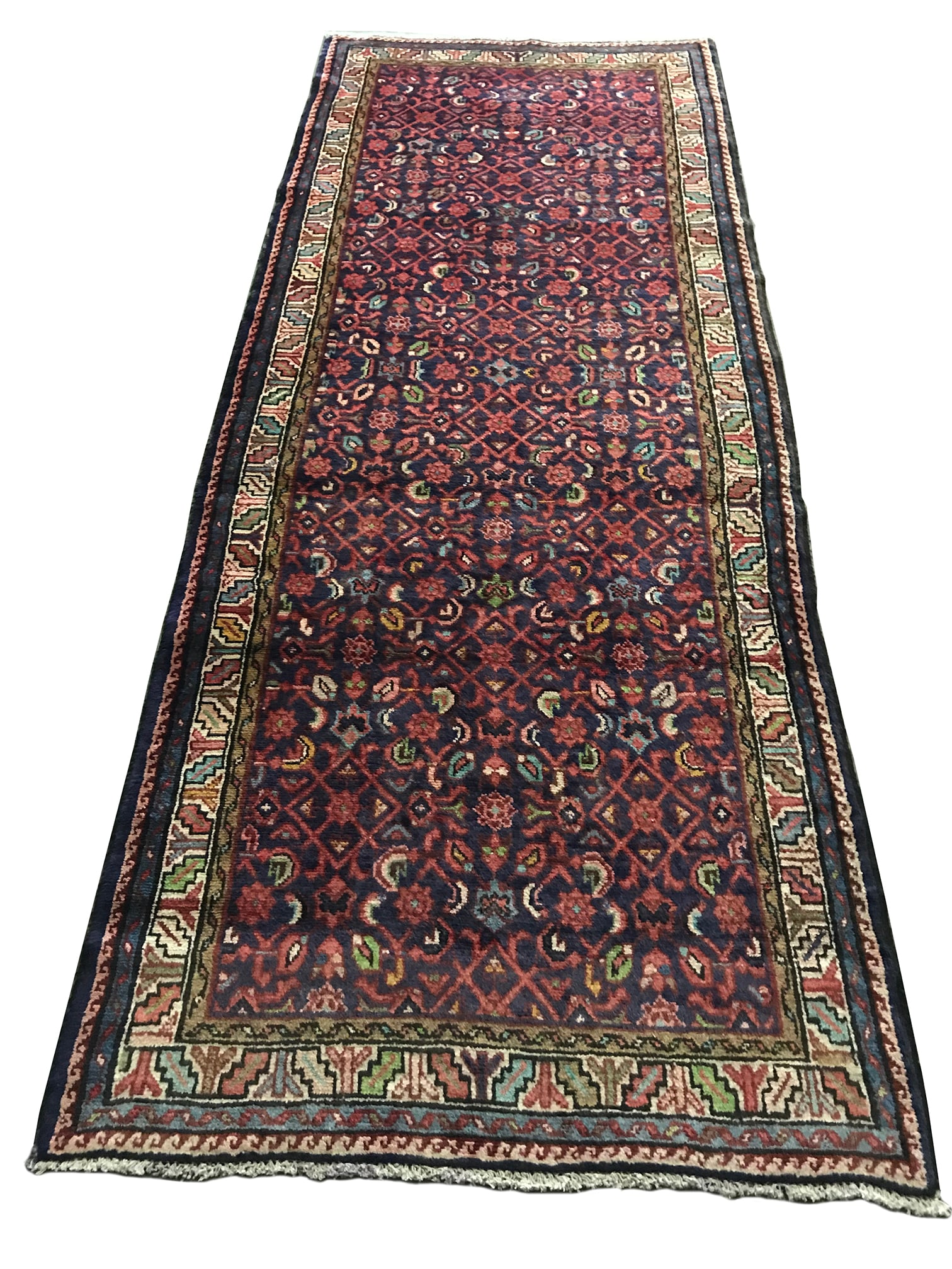 Persian Bijar 675A Vintage Wool Runner 3'6" x 9'4" hand knotted in Iran: No Reserve Wool Persian Bijar 675A, 3'6" xx 9'4", hand Knotted in Iran in the 1960s and in very good condition (See photos).This runner features a vibrant Persian tribal design defined by its rich nav