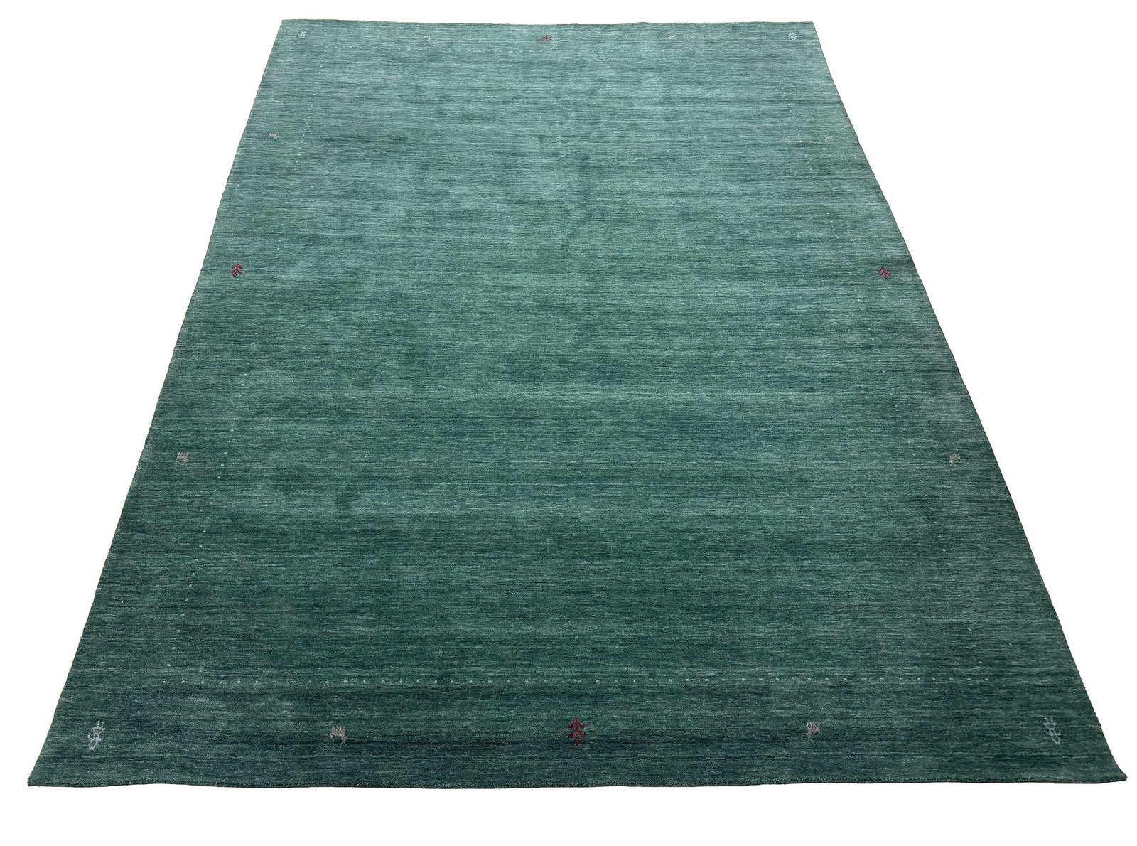 Persian Gabbeh S882 9'2"x12' style hand knotted contemporary minimalist design: No Reserve Gabbeh style S882 unusual weaveThis 9'1"x12'1 rug features a modern Gabbeh design, celebrated for its simplicity, warmth, and artisanal character. The deep green field exudes richness and d