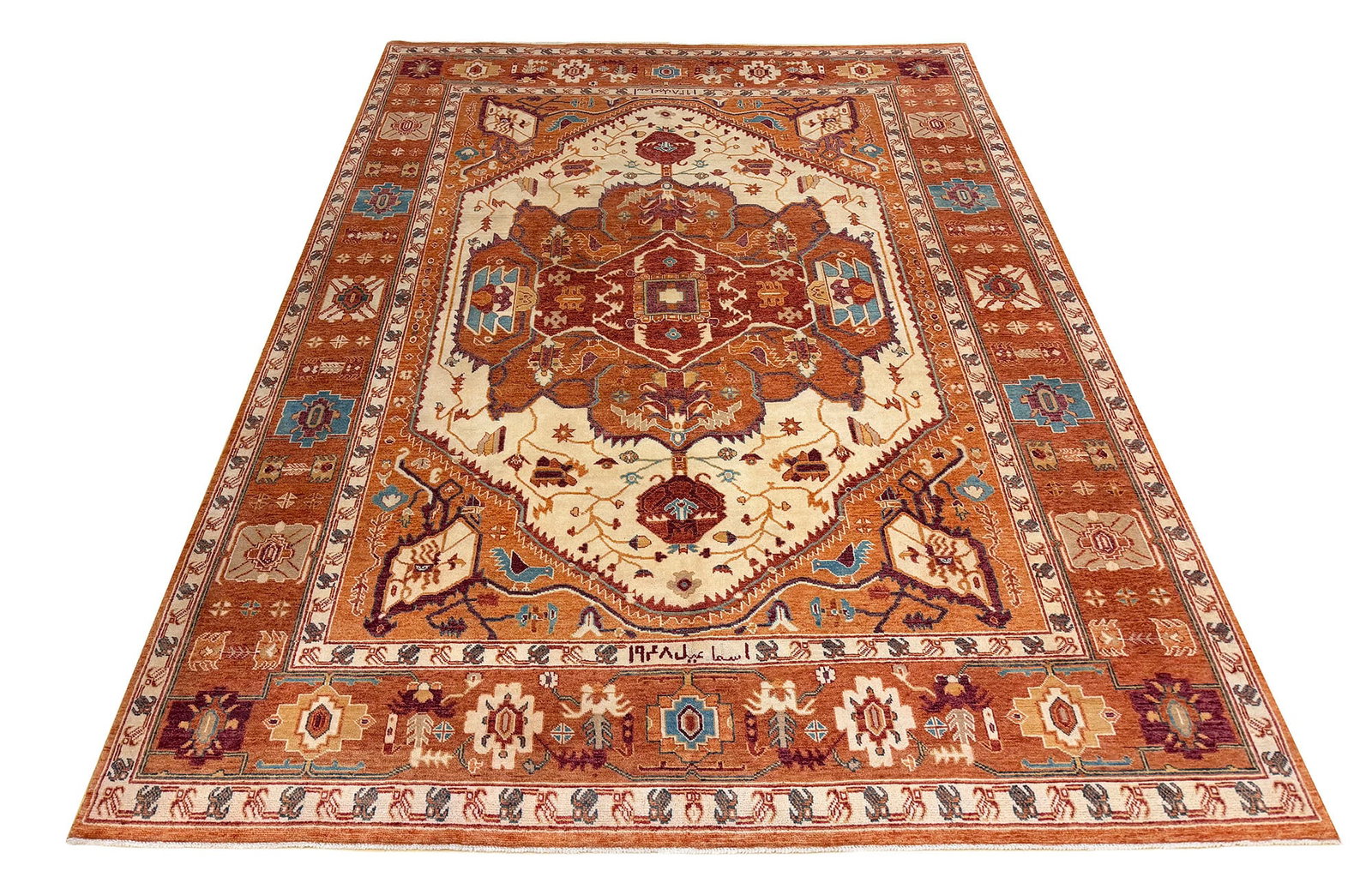 Serapi D196, 9'2" x 11'6" hand knotted: Serapi style D196, 9'2" x 11'6", Magnificent Wool Persian carpet hand knotted in Iran. New and in excellent condition (see photos) with no wear. This carpet's palette is muted and is a fine addition t