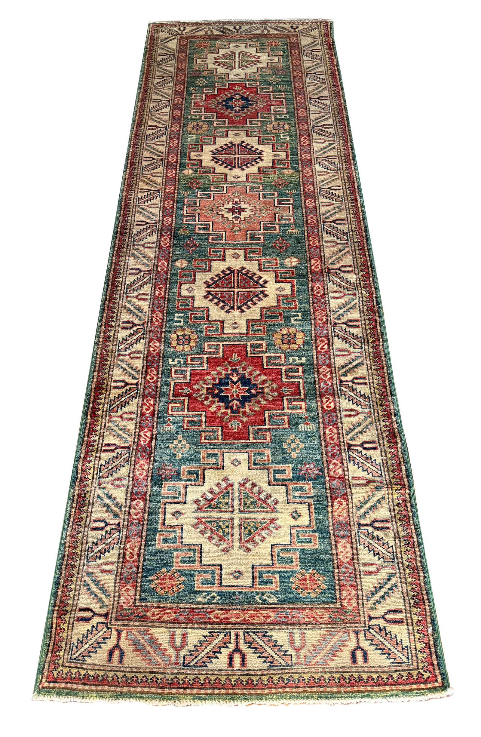 Persian Kazak Wool Runner S817 2'8" x 8'1" hand-knotted: No Reserve Kazak S817, 2'8" x 8'1" wool runner in pristine condition, natural dyes, retail value $1,500 to $2,000. This runner features a classic Kazak design, admired for its bold geometric motifs, s