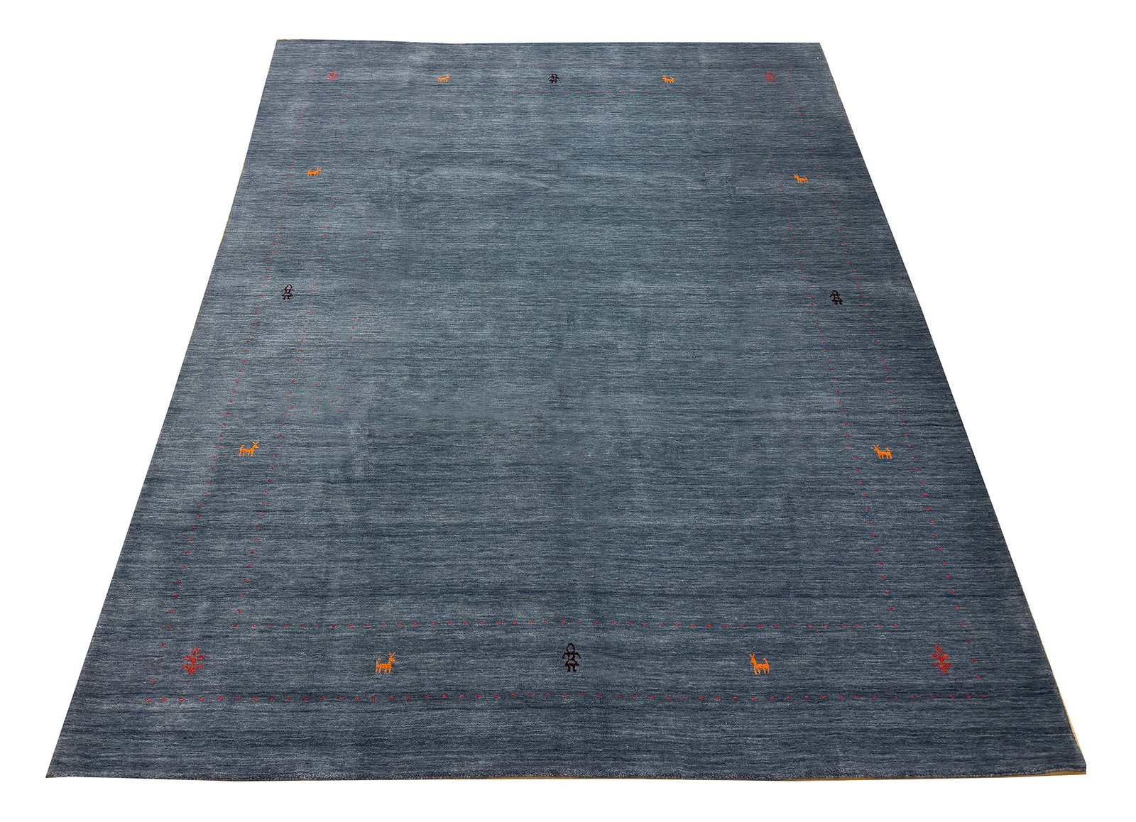 Persian Gabbeh S758 contemporary style 8' x 10' hand knotted blue-gray: DescriptionNo Reserve Gabbeh S758, size 8'x10' wool hand-knotted 8' x 10' rug is in perfect condition. It features a subtle modern Gabbeh-style design, characterized by its solid, muted blue gray fiel