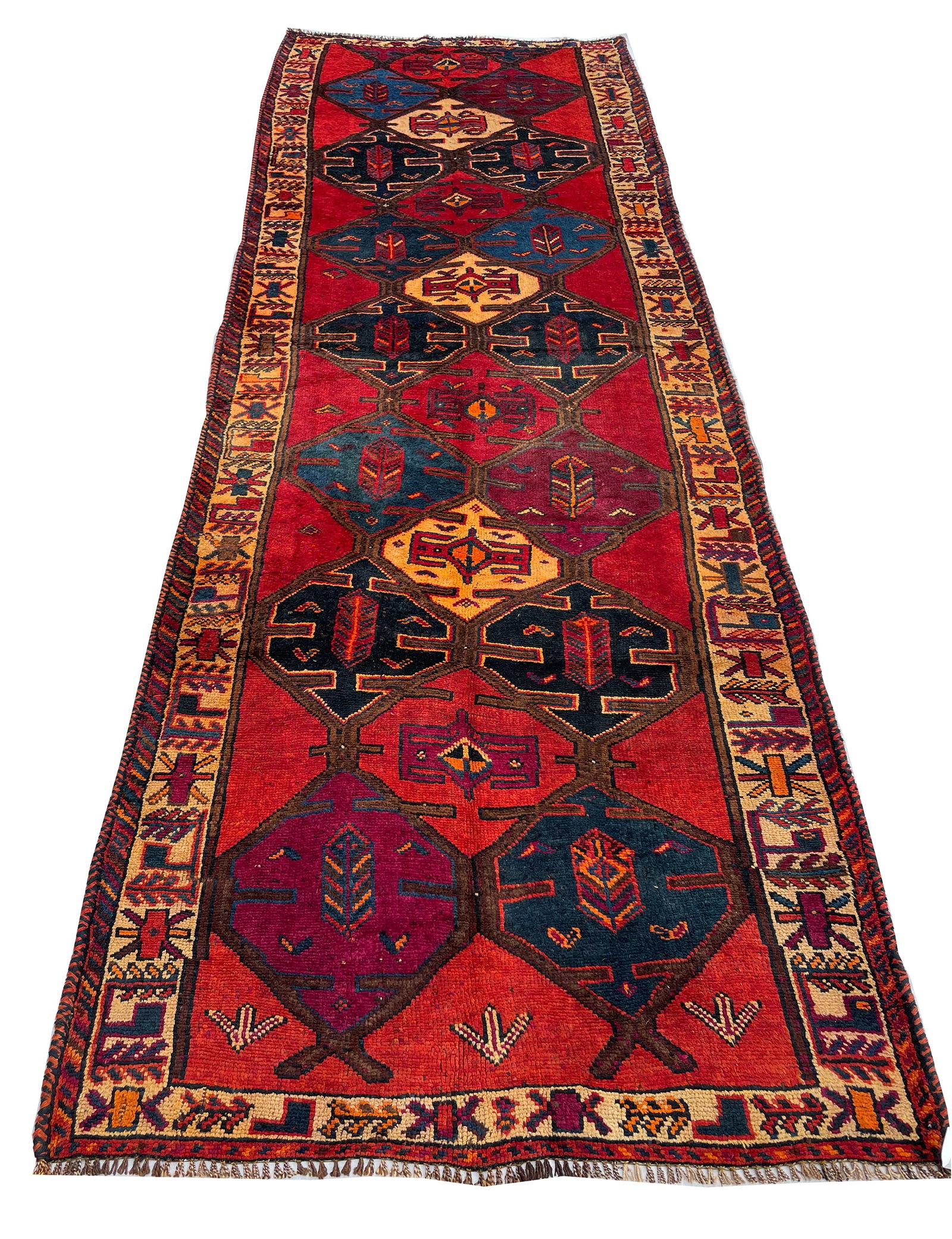 Persian Shiraz KH1080 vintage 4'2" x 12' runner hand-knotted in Iran: No Reserve Persian Shiraz KH1080, 4'2"X 12', hand-knotted runner made in Iran in the 1960s and in very good condition (see photos).This vibrant Shiraz runner is a beautiful example of authentic tribal