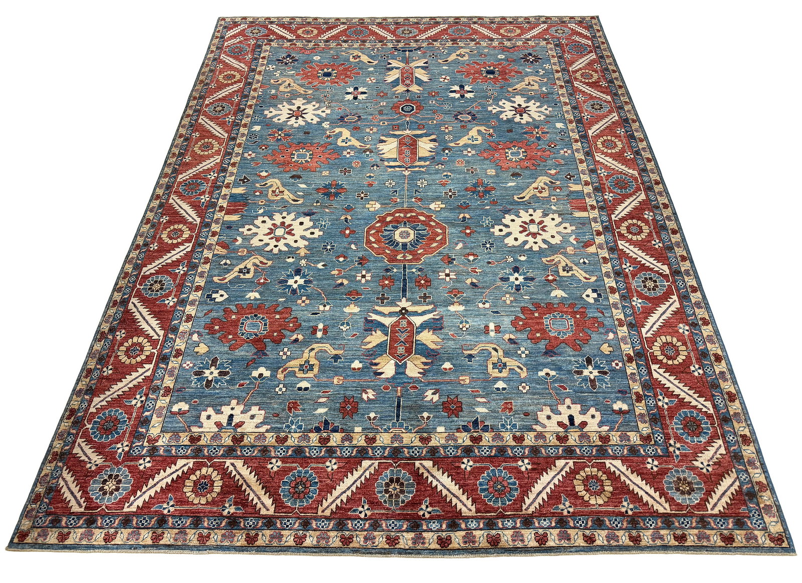 No reserve Kazak D209 in perfect condition. 9'1"x12': No reserve Kazak style D209 in perfect condition. 9'1"x12' Unusual design colors with beautiful rich colors. Rare quality. Retail value $15,000-$20,000 (see photos)This rug features a classic Kazak de