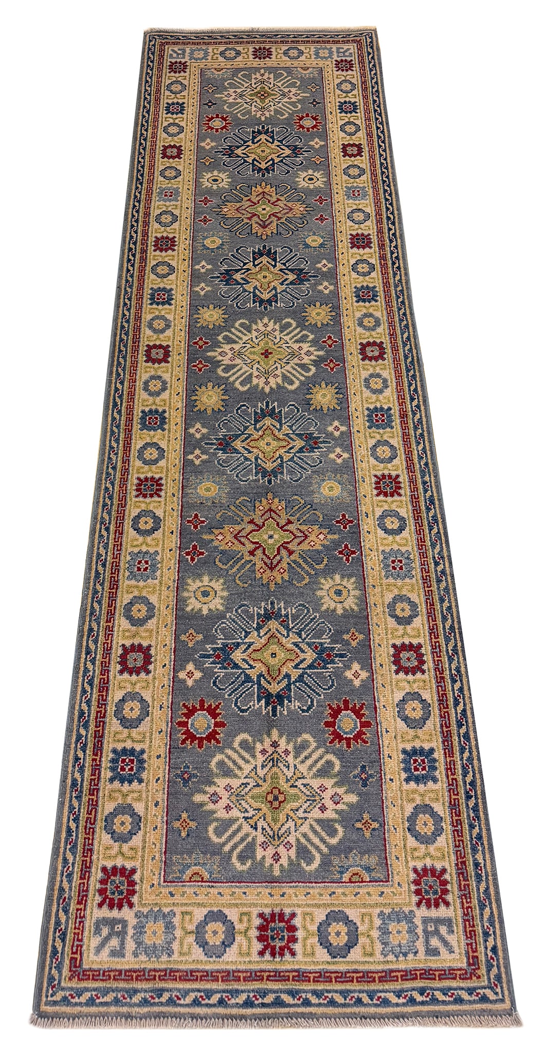 Persian Kazak D874 2'8" x 9'8" hand knotted: No Reserve Kazak D874 2'8"x9'8" This runner displays a traditional Persian-inspired geometric design featuring a series of diamond and medallion motifs arranged symmetrically along its rich red field.