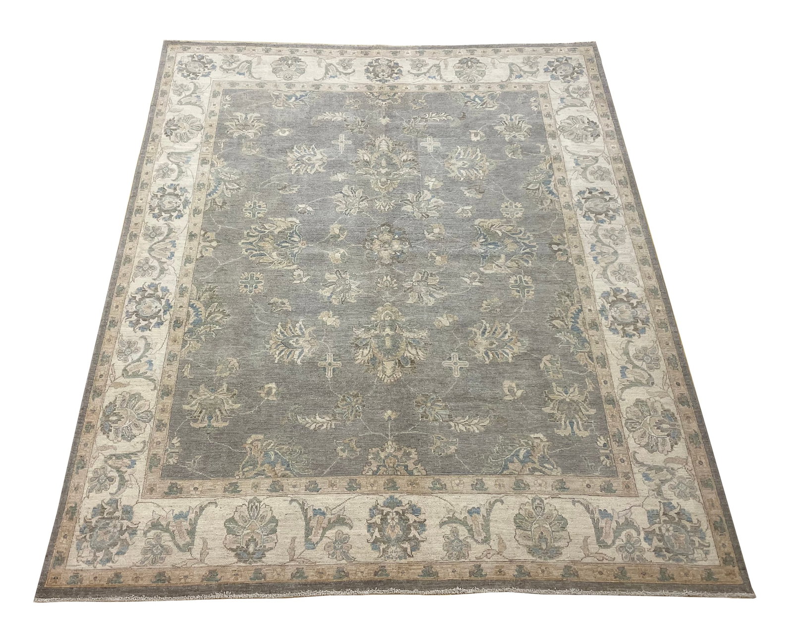 Persian Peshawer D164 8'x9'10" hand knotted: No Reserve Peshawer D164 8'x9'10" This rug showcases a refined Peshawar design, renowned for its soft color palette and elegant traditional motifs. The muted gray field features an intricate arrangeme