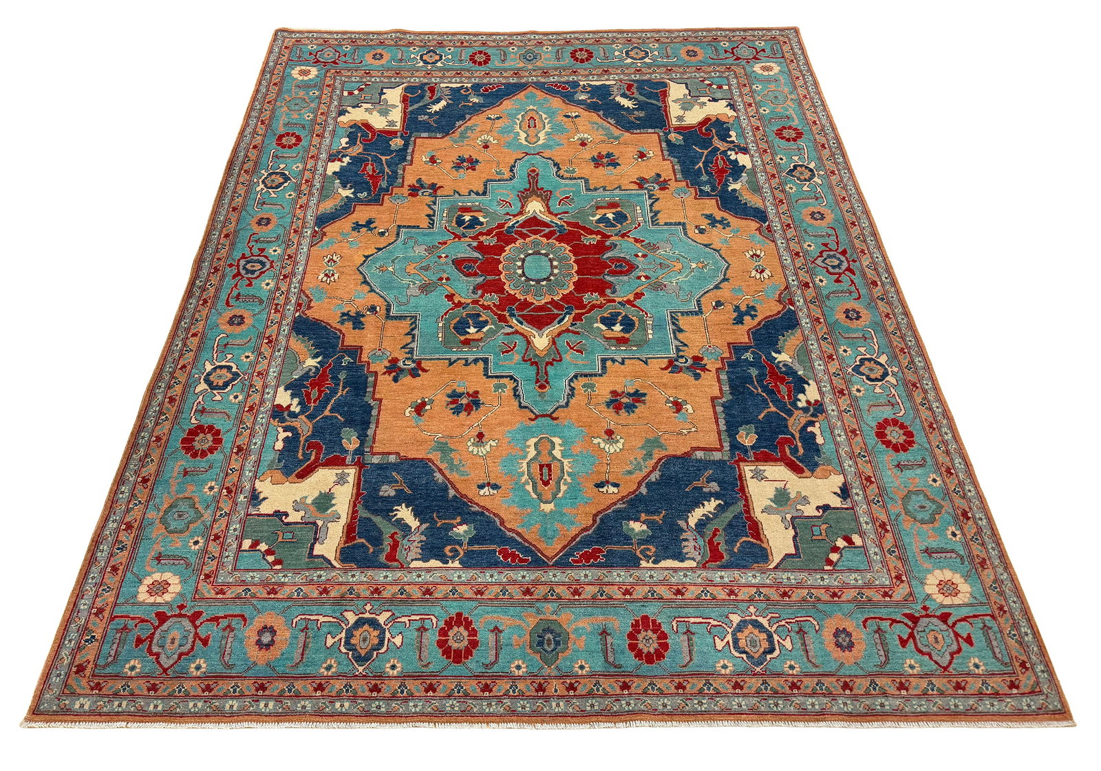 Persian Kazak D199 8X10 hand knotted: No Reserve Kazak D199 8'X10' This rug features a classic Kazak design, celebrated for its bold geometric patterns and rich tribal heritage. The warm terracotta/blue field is beautifully accented with 