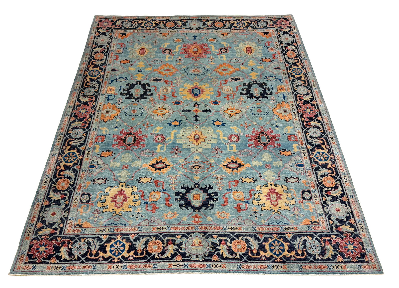 Persian Serapi D201 8' x 9'7" hand knotted: No Reserve Serapi style D201 This 8' x 9'7" hand-knotted wool rug features a classic Persian style all over design, made with natural dyes in a warm, inviting palette. The center showcases a soft silv