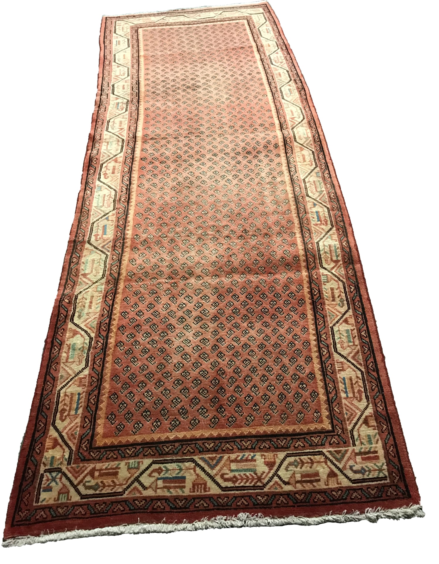 Persian Mir 411a Vintage Wool Rug 3'5" x 10'6" hand-knotted in Iran: No Reserve Persian Mir 411a, vintage wool rug, 3'5" x 10'6" and-knotted in Iran in the 1960s and in very good condition (see photos).This elegant Mir runner exemplifies the refined beauty and balance 