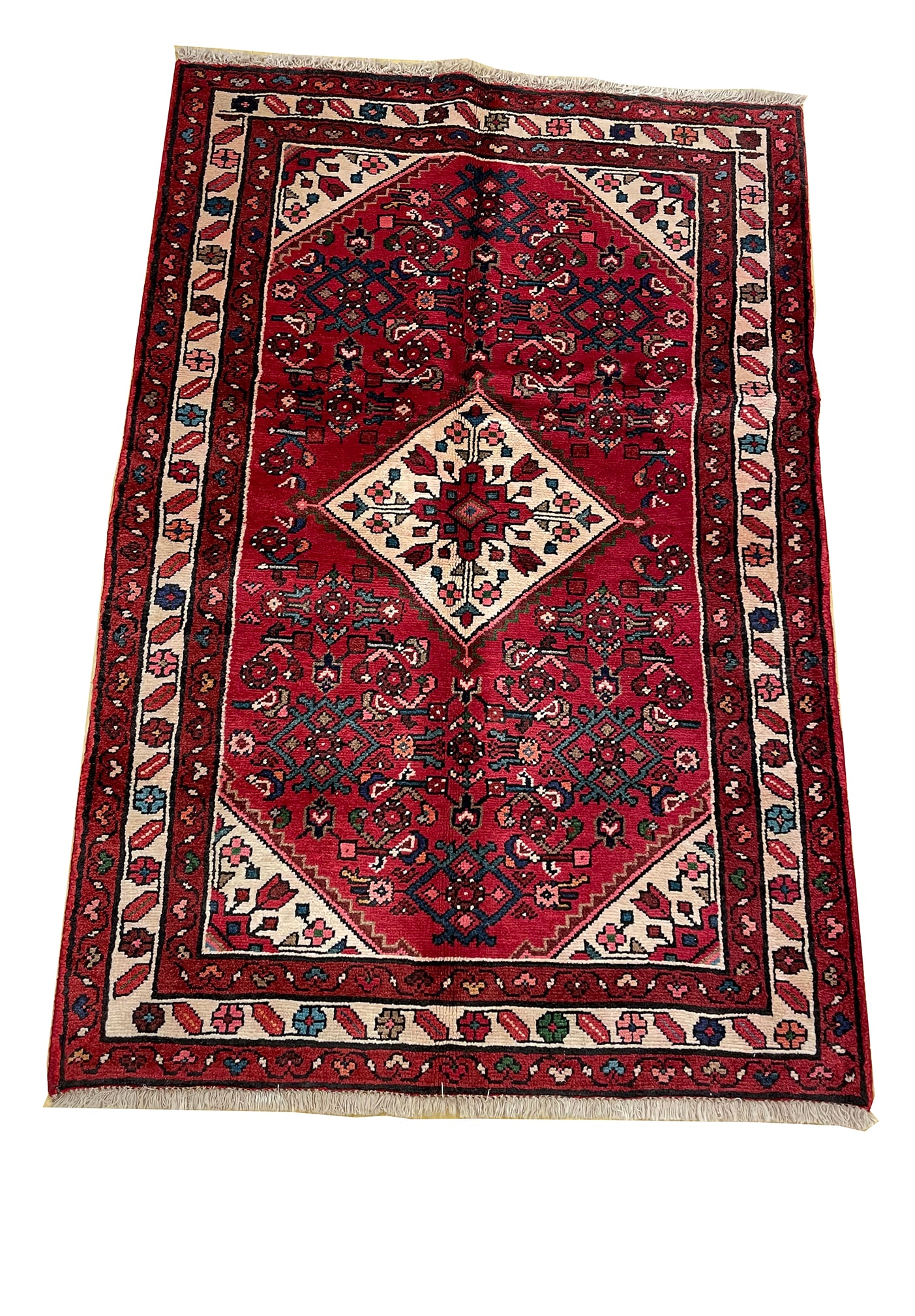 Persian Bijar 310a 3'7" x5'1" vintage wool runner hand knotted in Iran: No Reserve Wool Persian Bijar 310a, hand Knotted in Iran in the 1960s and in very good condition (See photos).This 3'7" x 5'1: runner features a vibrant Persian tribal design defined by its rich red b