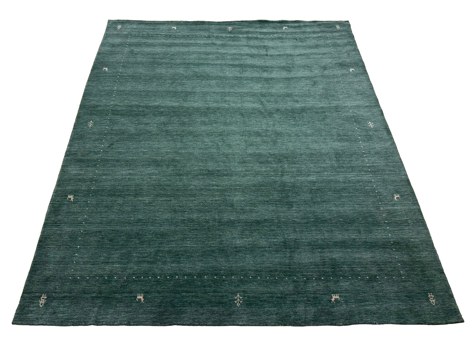 Persian Gabbeh S881 size 8'4"x10' hand knotted contemporary minimalist design: No Reserve Gabbeh S881 This 8'4"x10' hand-knotted rug is in perfect condition. It features a subtle modern Gabbeh-style design, characterized by its solid, muted green field with minimal decorative ac