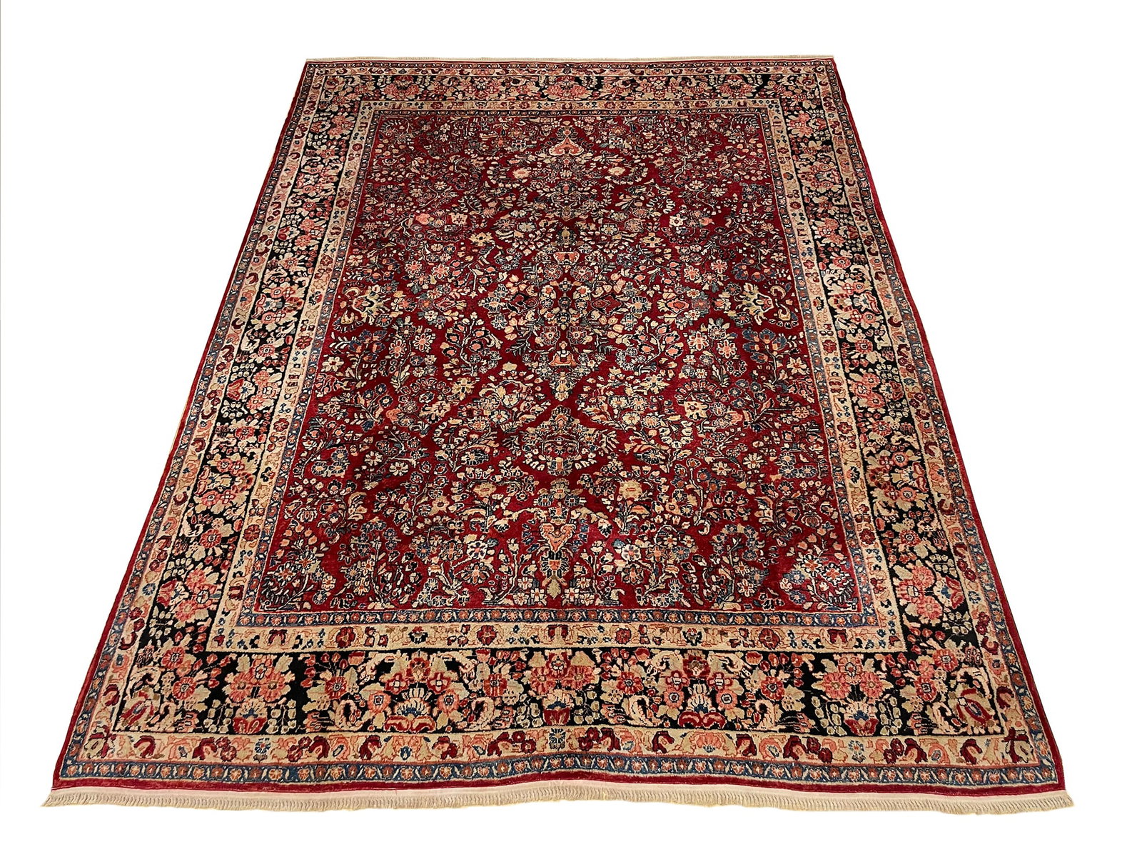 Persian antique Saruq S707 9' x 11'7" hand-knotted in Iran: No Reserve Antique Persian antique Saruq S707 This 9'x11'7" rug showcases a classic Persian Saruq design, known for its intricate floral patterns and rich, enduring elegance. Ahon auction offer in hou