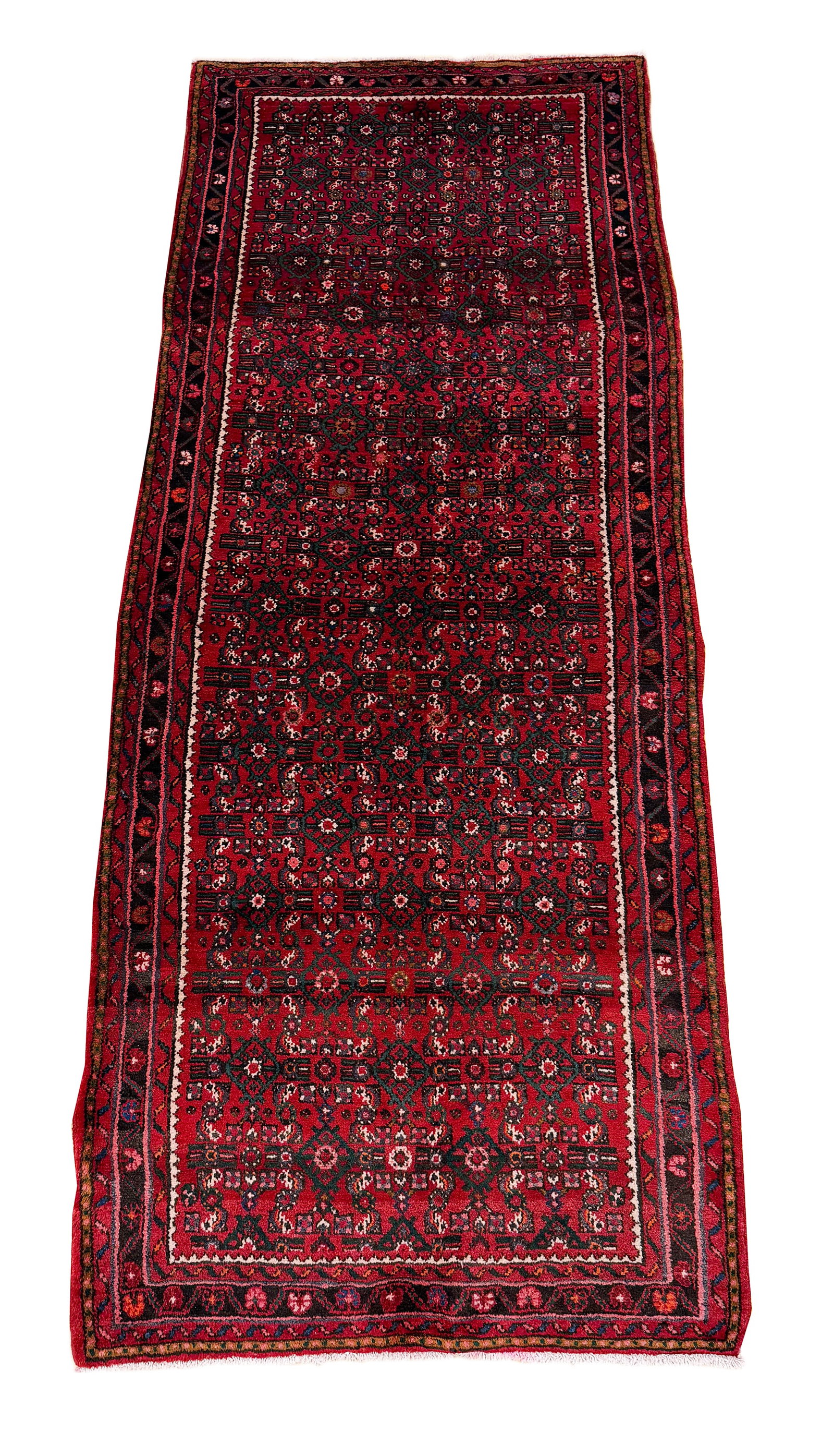 Persian Mir S797 3'10" x 9'9" Vintage Wool hand-knotted in Iran: No Reserve Persian Mir S797, hand-knotted in Iran in the 1960s, 3'10"x 9'9" and in very good condition (see photos). Ahon auction offer in house shipping domestic and worldwide fully insured via UPS w