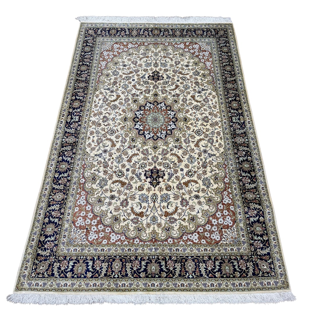 Persian Qum antique 181095 4'3"x6'5" hand knotted: No reserve Antique Persian Qum 181095 Silk Rug approximately 4'3" x 6'5" . Ahon auction offer in house shipping domestic and worldwide fully insured via UPS with adult signature required to receive . 