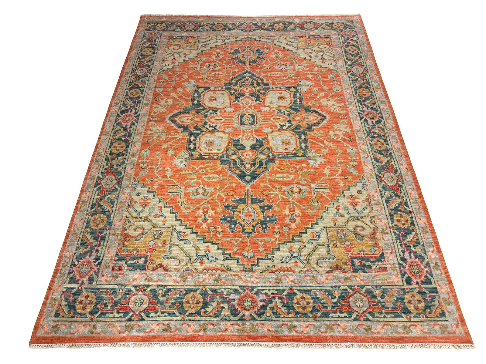 Oushak d233 9'x12'2" Wool Rug hand knotted: No Reserve Oushak D233 9'x12'2" wool hand- knotted and in very good condition pristine (see photos) extremely fine weave unusual to fine this very fine weave, .Ahon auction offer in house shipping dom