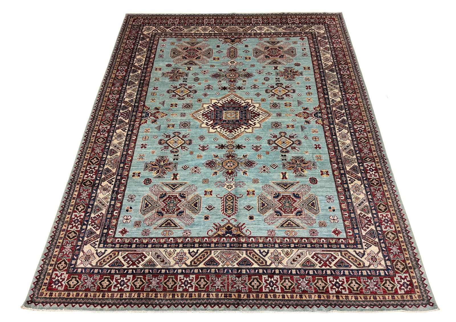 Persian Kazak D208 8'3"x10' hand knotted: No Reserve Kazak D208 8'3"X10' This rug features a classic Kazak design, celebrated for its bold geometric patterns and rich tribal heritage. Ahon auction offer in house shipping domestic and worldwid